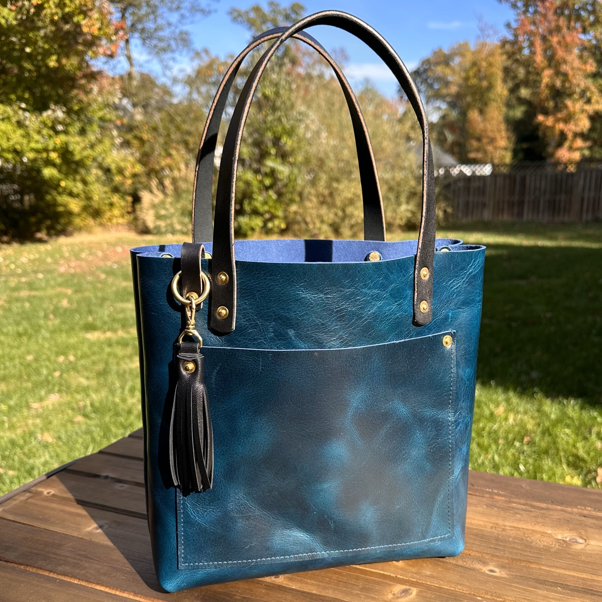 Leather West Street Tote Western Crunch Blue with Black Bridal Leather Handles and Solid Brass Hardware and Tassel SquiresCanvasCreations.com