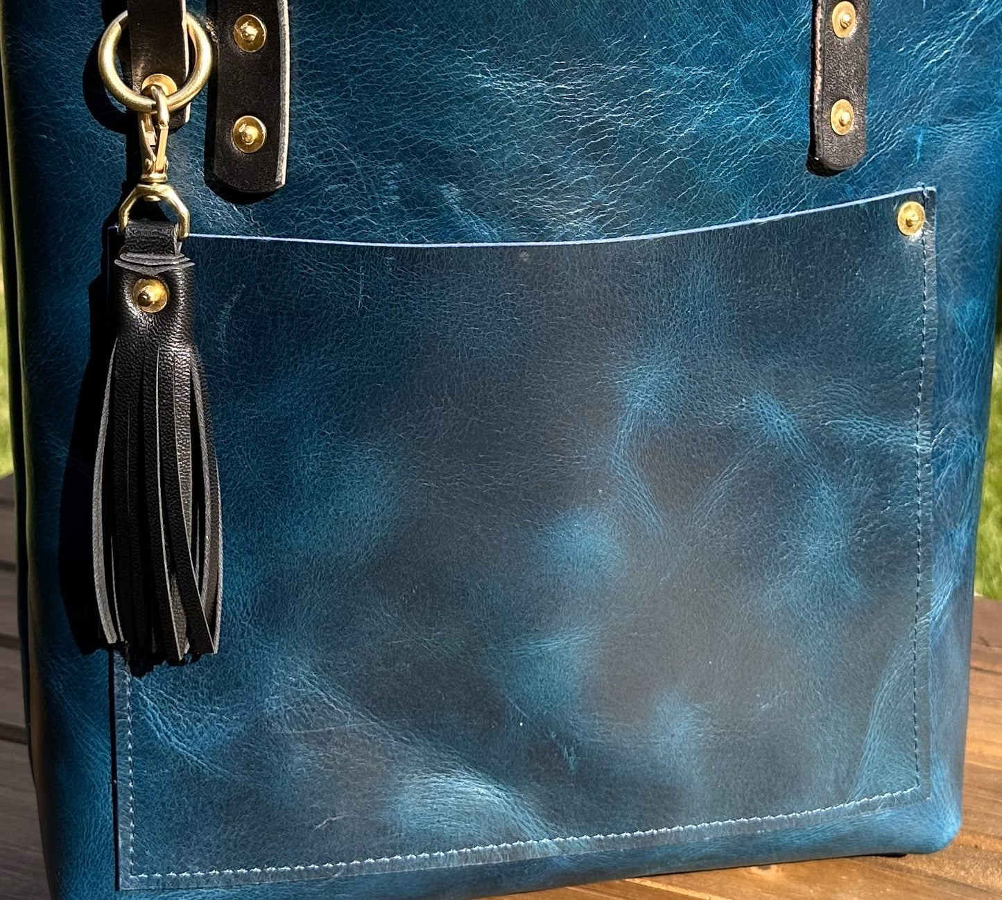 Western Crunch Blue Leather West Street Tote with Black Bridal Leather Handles and Solid Brass Hardware SquiresCanvasCreations.com