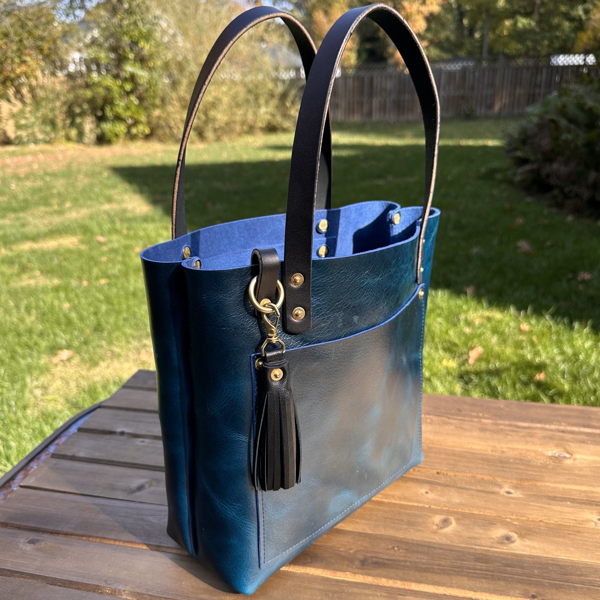 Leather West Street Tote Western Crunch Blue with Black Bridal Leather Handles and Solid Brass Hardware and Tassel SquiresCanvasCreations.com