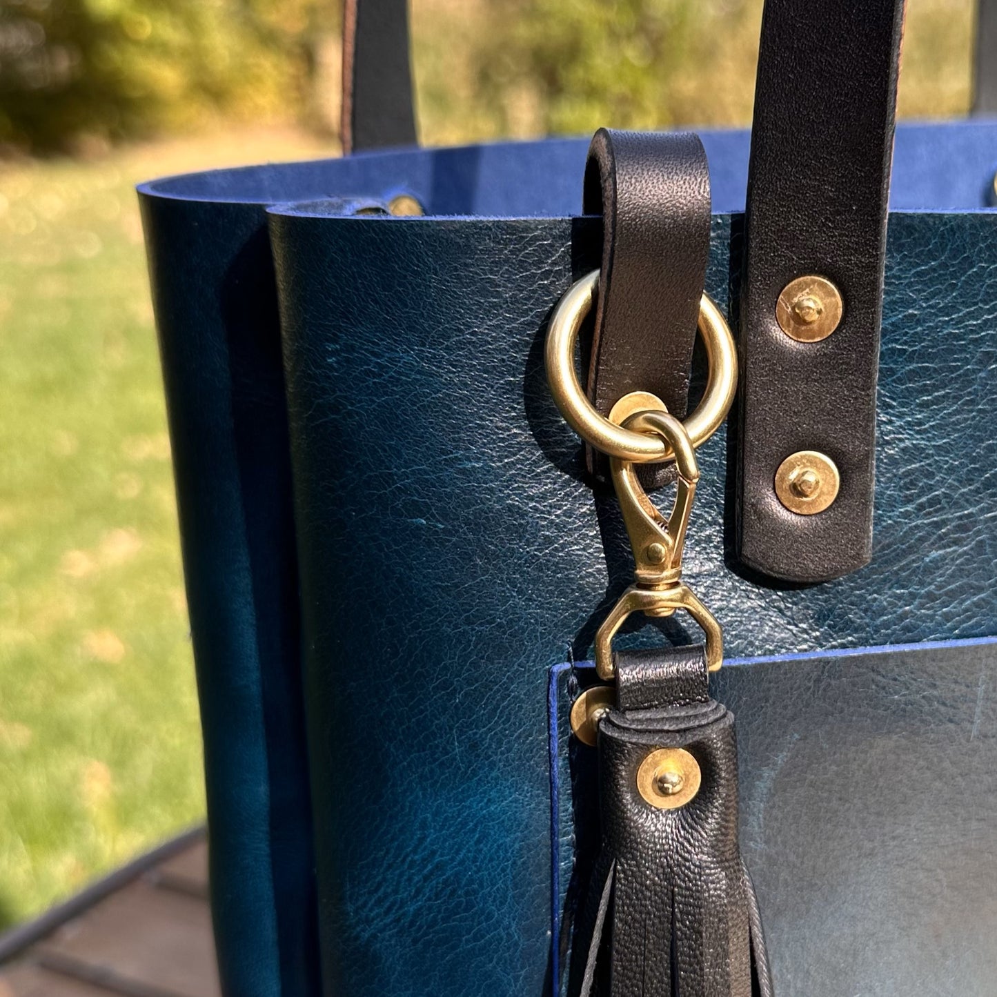 Leather West Street Tote Western Crunch Blue with Black Bridal Leather Handles and Solid Brass Hardware and Tassel SquiresCanvasCreations.com