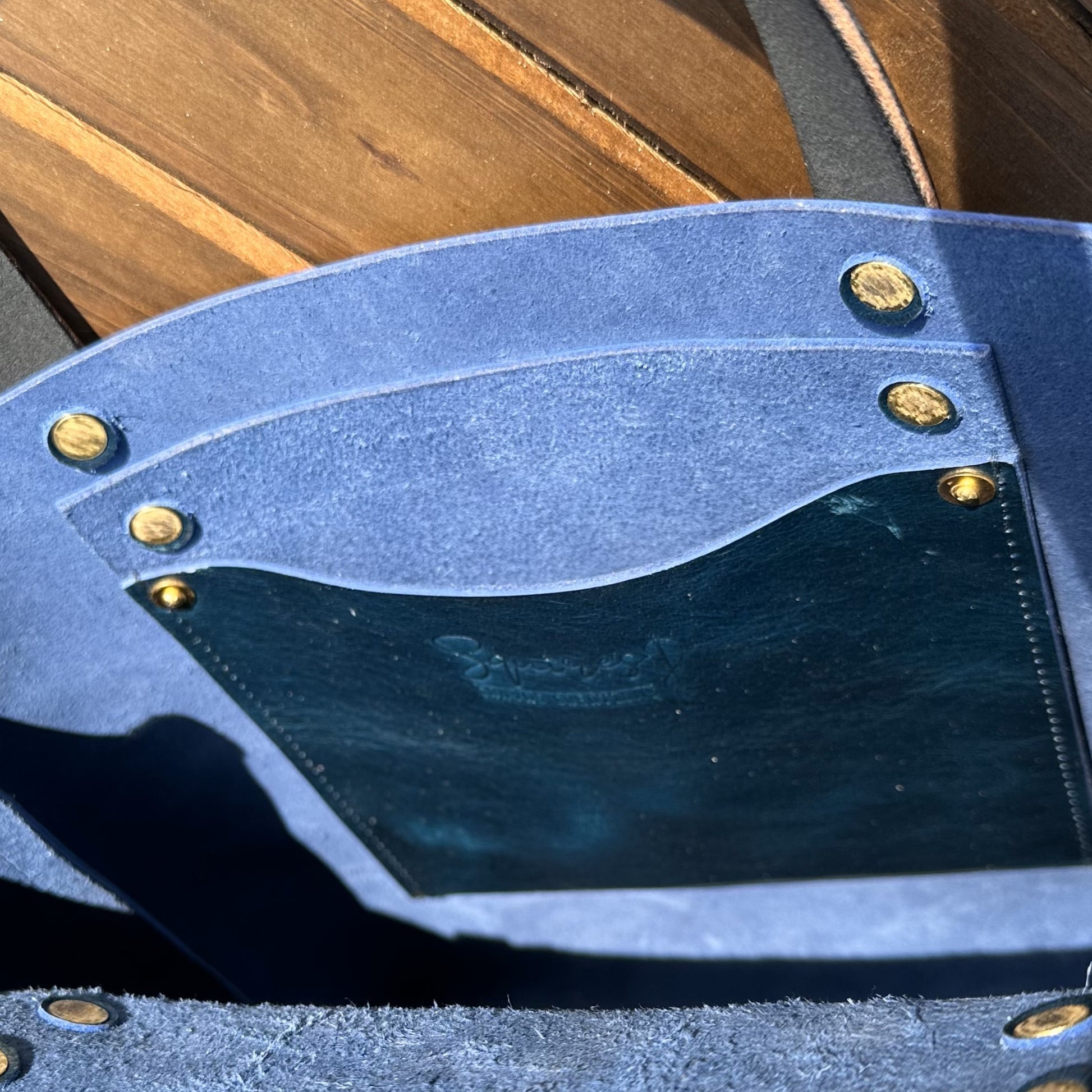 Leather West Street Tote Western Crunch Blue with Black Bridal Leather Handles and Solid Brass Hardware and Tassel SquiresCanvasCreations.com