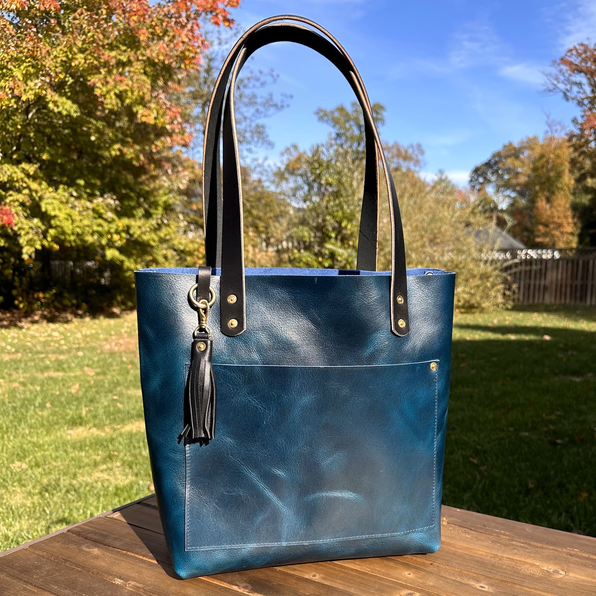 Leather West Street Tote Western Crunch Blue with Black Bridal Leather Handles and Solid Brass Hardware and Tassel SquiresCanvasCreations.com