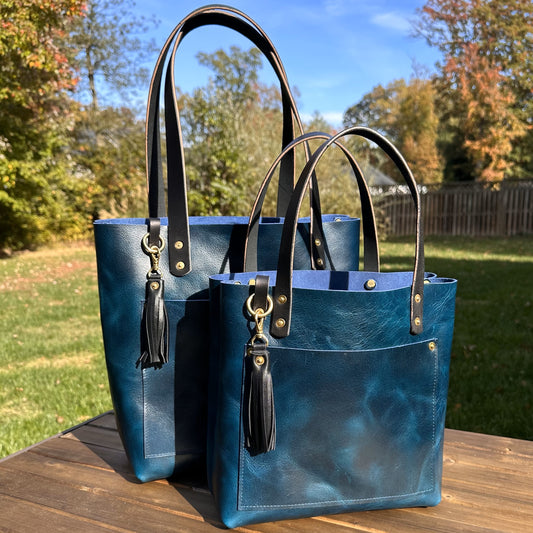 Leather West Street Tote Western Crunch Blue with Black Bridal Leather Handles and Solid Brass Hardware and Tassel SquiresCanvasCreations.com