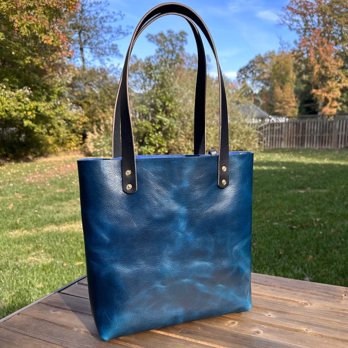Leather West Street Tote Western Crunch Blue with Black Bridal Leather Handles and Solid Brass Hardware and Tassel SquiresCanvasCreations.com