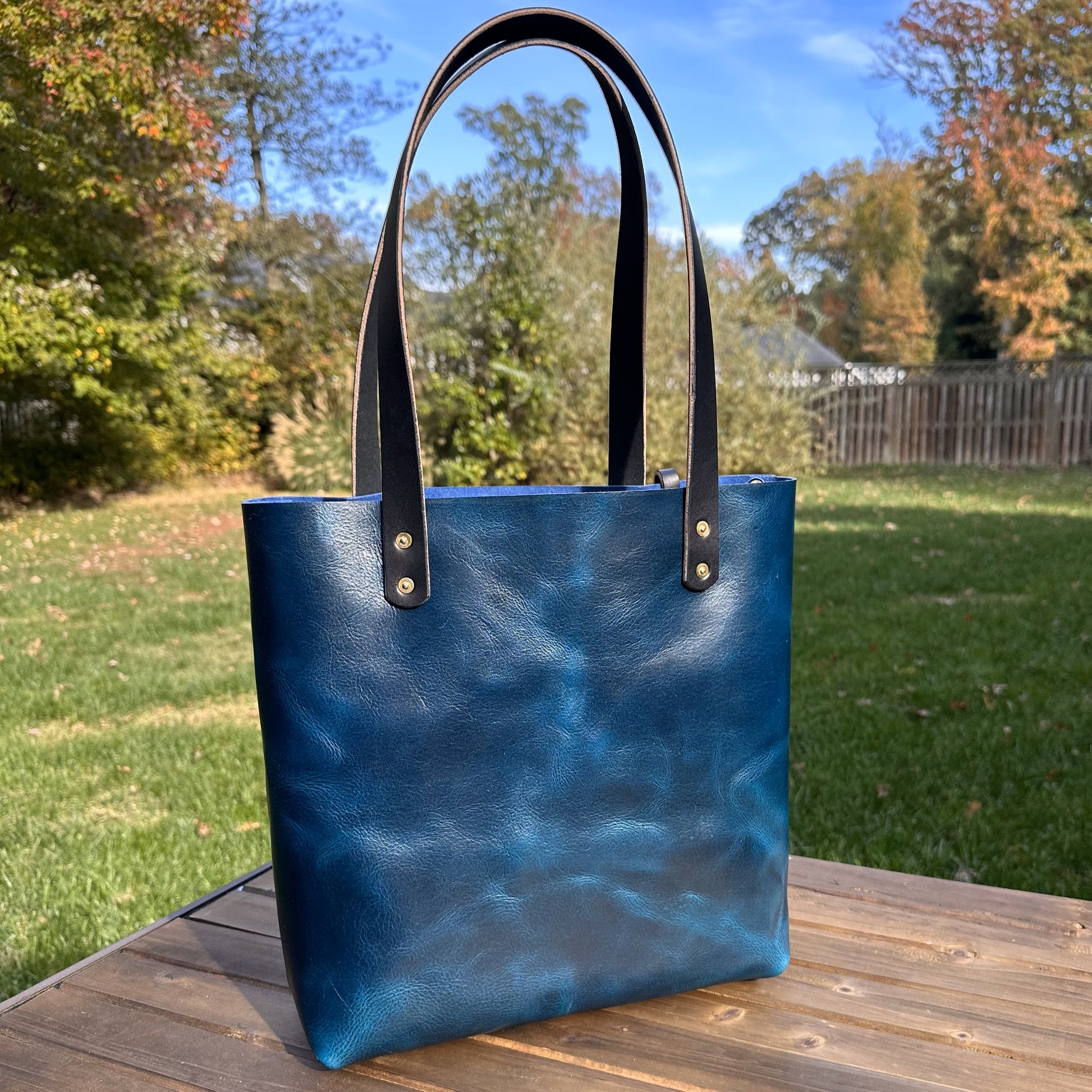 Leather West Street Tote Western Crunch Blue with Black Bridal Leather Handles and Solid Brass Hardware and Tassel SquiresCanvasCreations.com