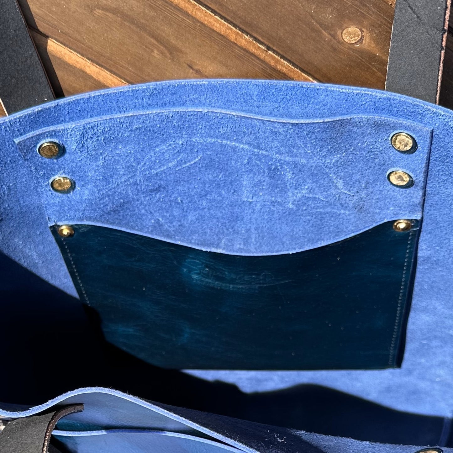 Leather West Street Tote Western Crunch Blue with Black Bridal Leather Handles and Solid Brass Hardware and Tassel SquiresCanvasCreations.com