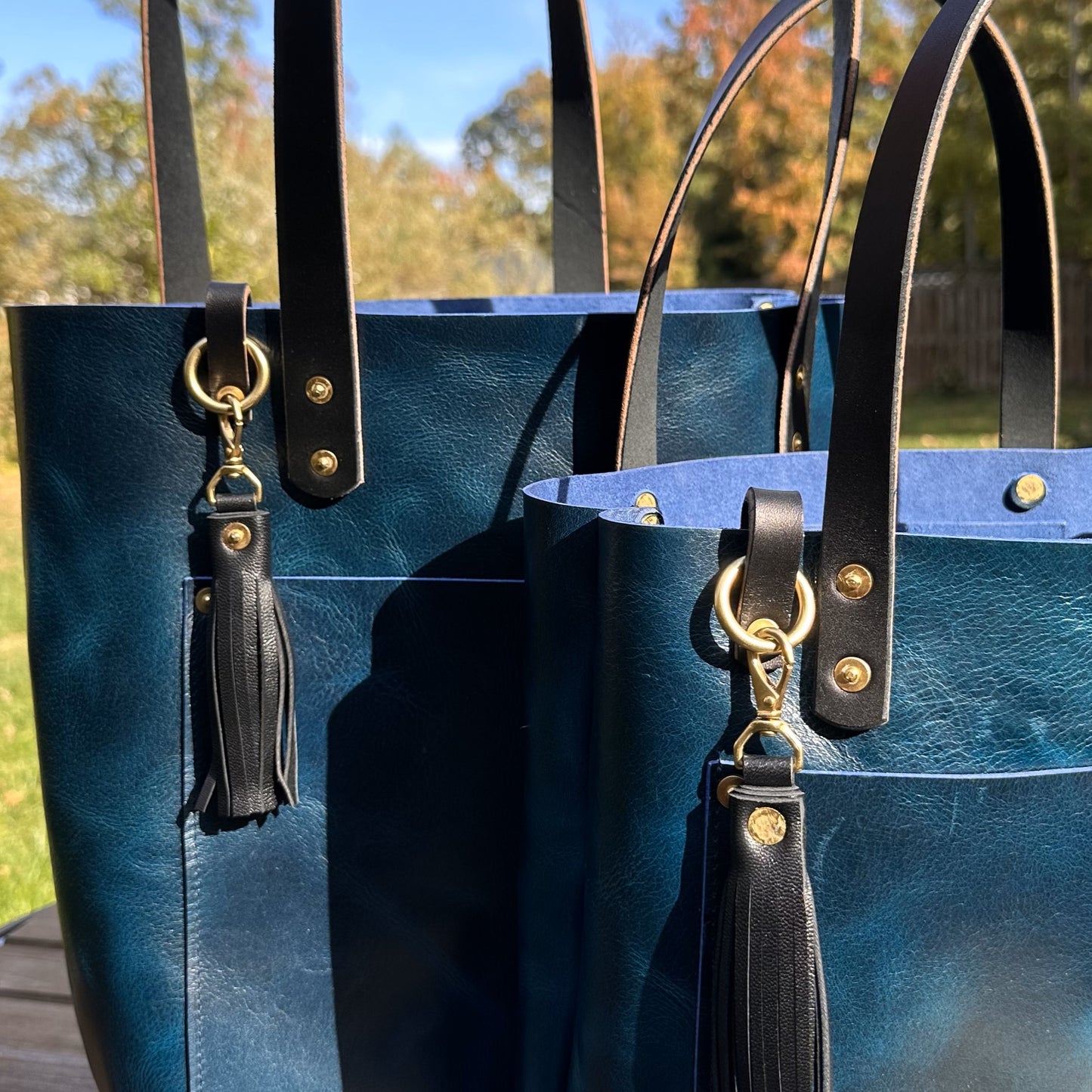 Leather West Street Tote Western Crunch Blue with Black Bridal Leather Handles and Solid Brass Hardware and Tassel SquiresCanvasCreations.com