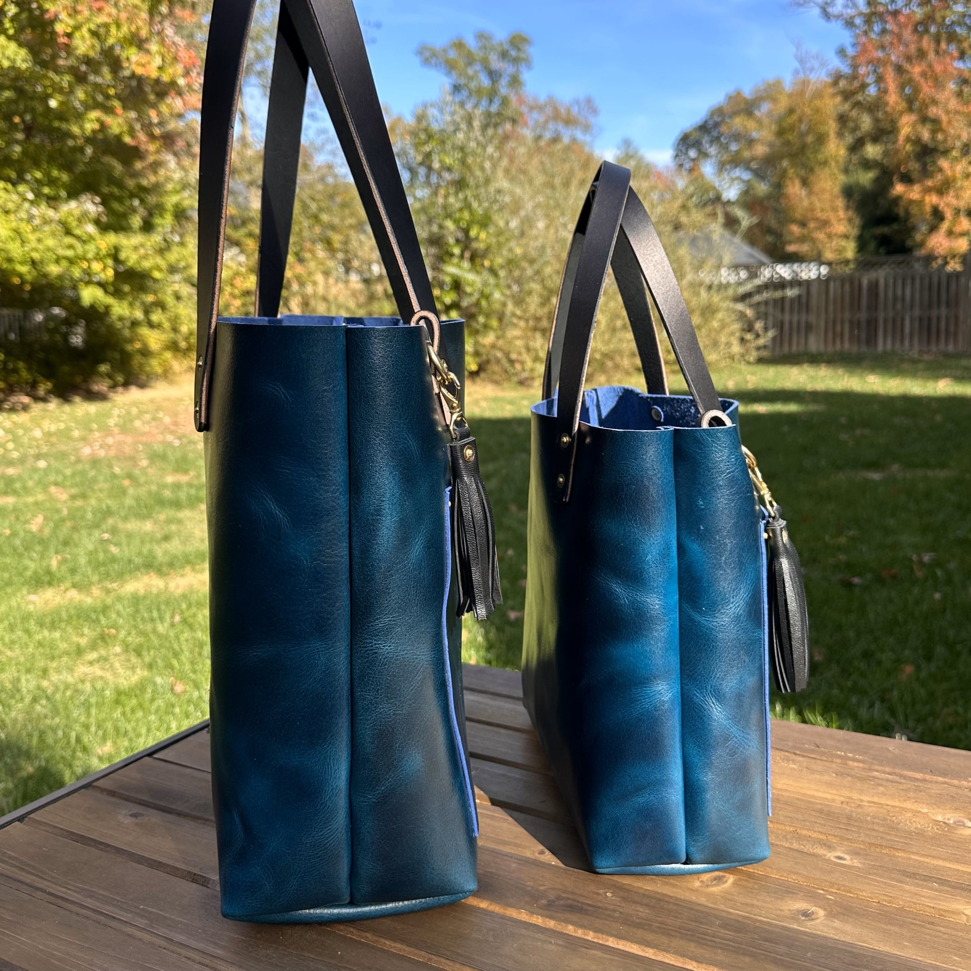 Leather West Street Tote Western Crunch Blue with Black Bridal Leather Handles and Solid Brass Hardware and Tassel SquiresCanvasCreations.com