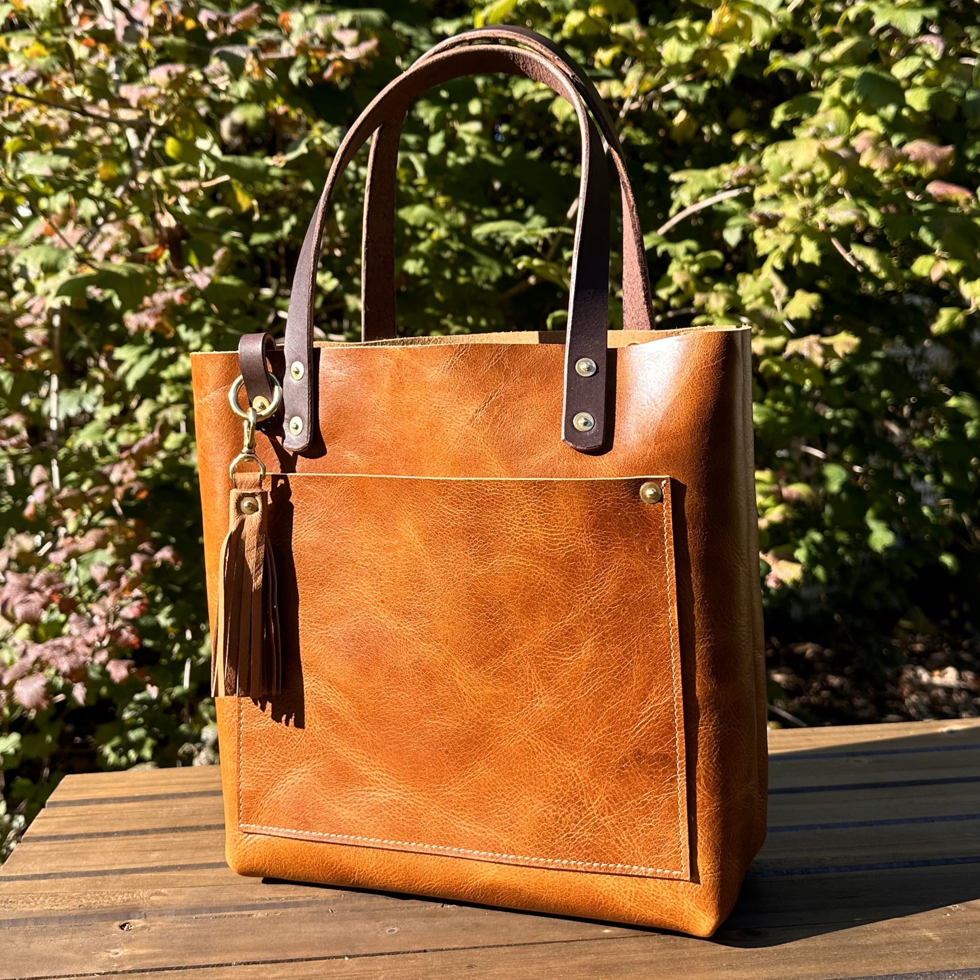 Leather West Street Tote Western Crunch Tan with Brown Bridal Leather Handles and Solid Brass Hardware and Tassel SquiresCanvasCreations.com