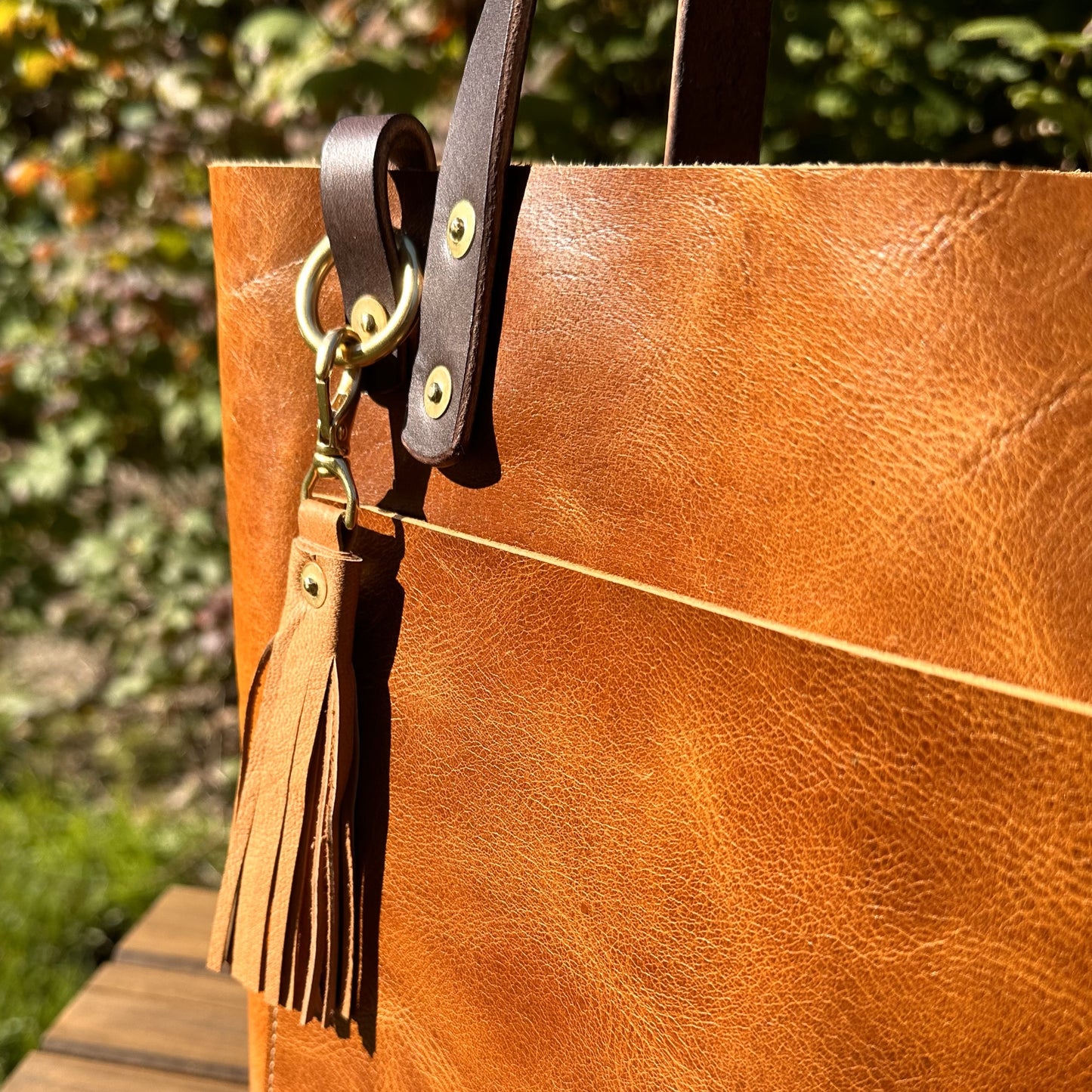 Leather West Street Tote Western Crunch Tan with Brown Bridal Leather Handles and Solid Brass Hardware and Tassel SquiresCanvasCreations.com