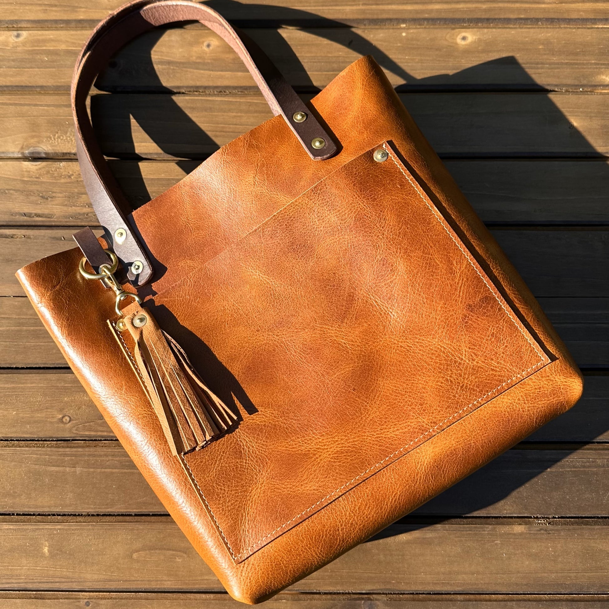 Leather West Street Tote Western Crunch Tan with Brown Bridal Leather Handles and Solid Brass Hardware and Tassel SquiresCanvasCreations.com