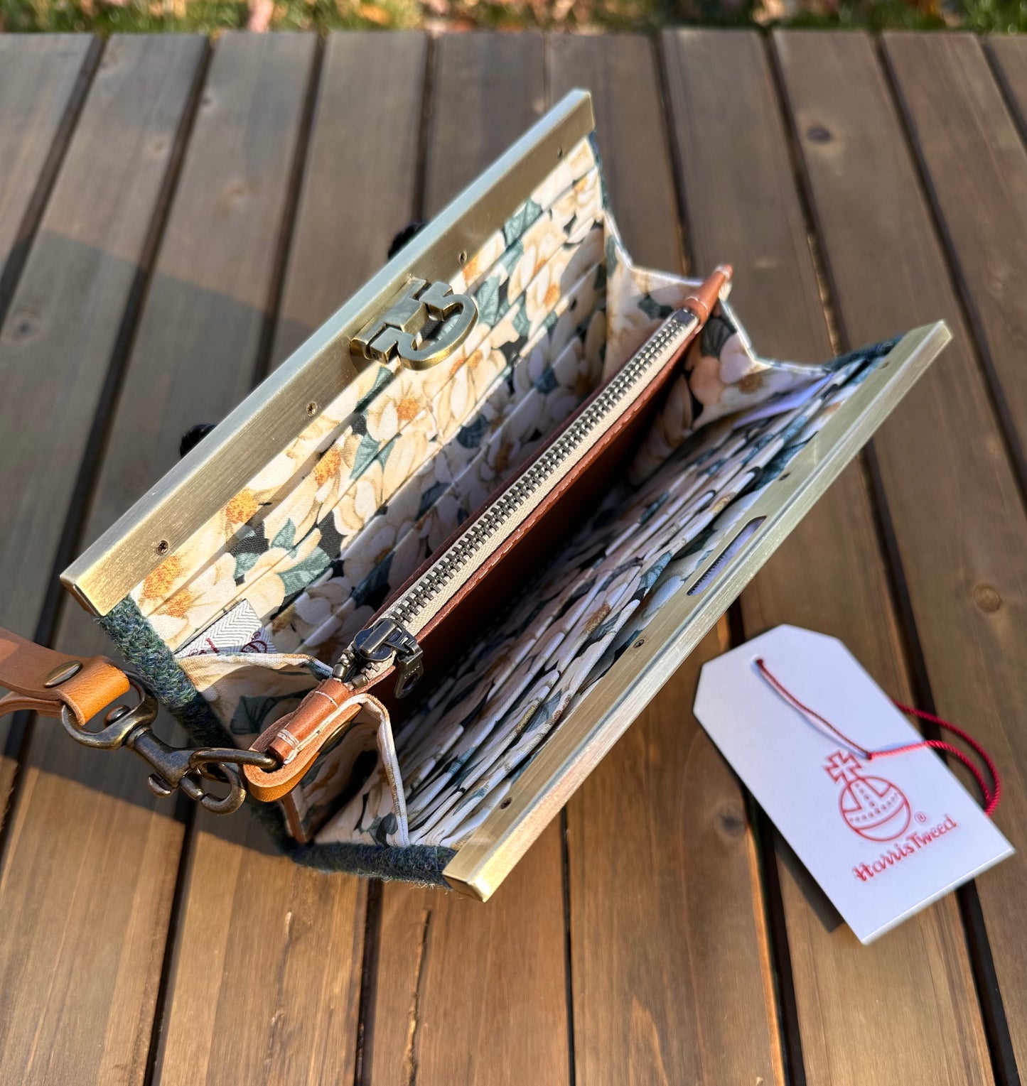 Teal Twill Harris Tweed® Rock Hall Wallet Interior view of the open, highlighting the organization features: card slots, cash slip pocket, and leather zipper coin pouch.