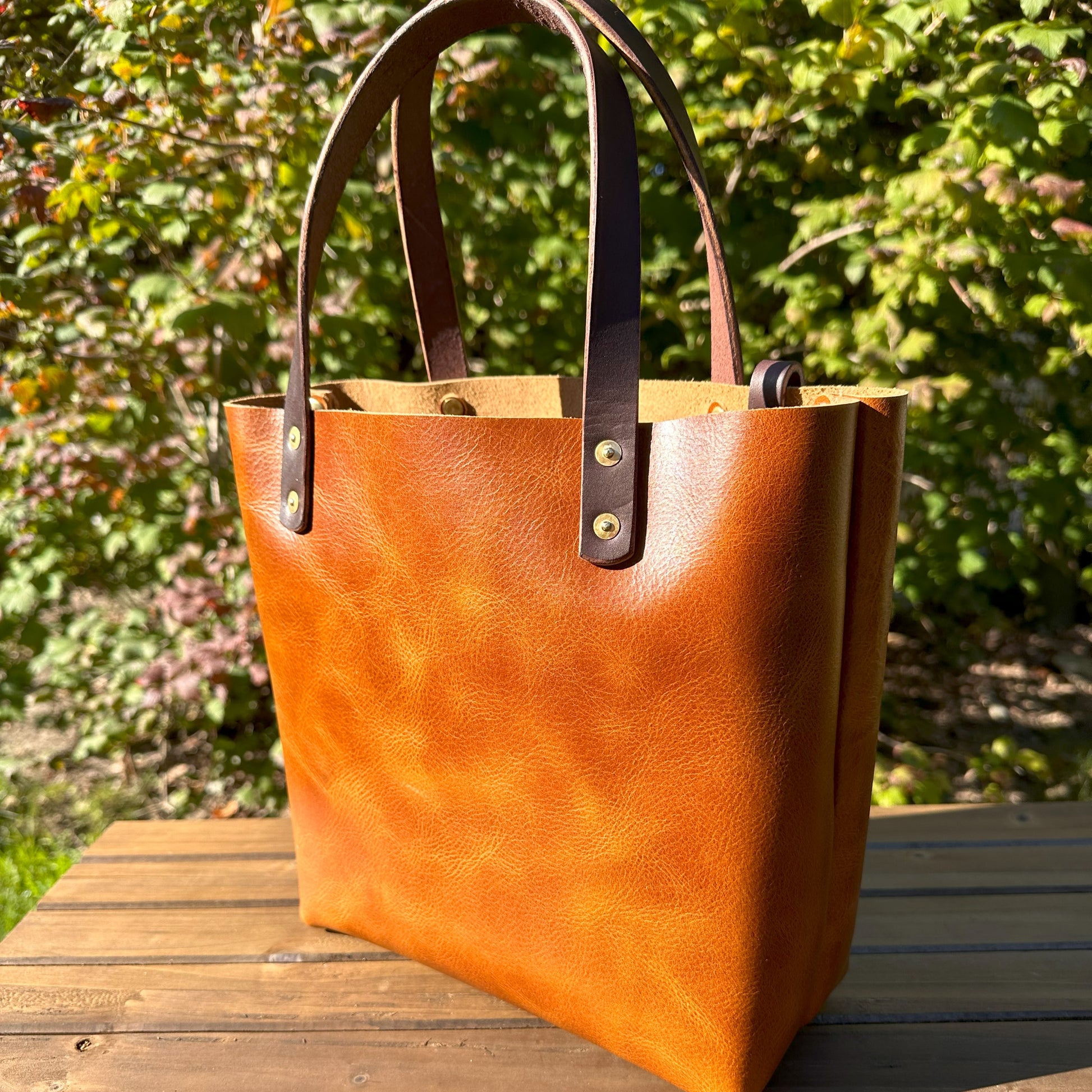 Leather West Street Tote Western Crunch Tan with Brown Bridal Leather Handles and Solid Brass Hardware and Tassel SquiresCanvasCreations.com