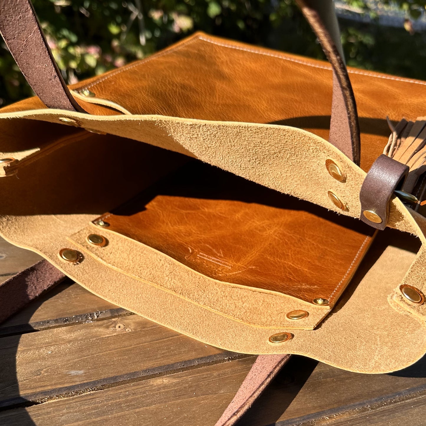 Leather West Street Tote Western Crunch Tan with Brown Bridal Leather Handles and Solid Brass Hardware and Tassel SquiresCanvasCreations.com