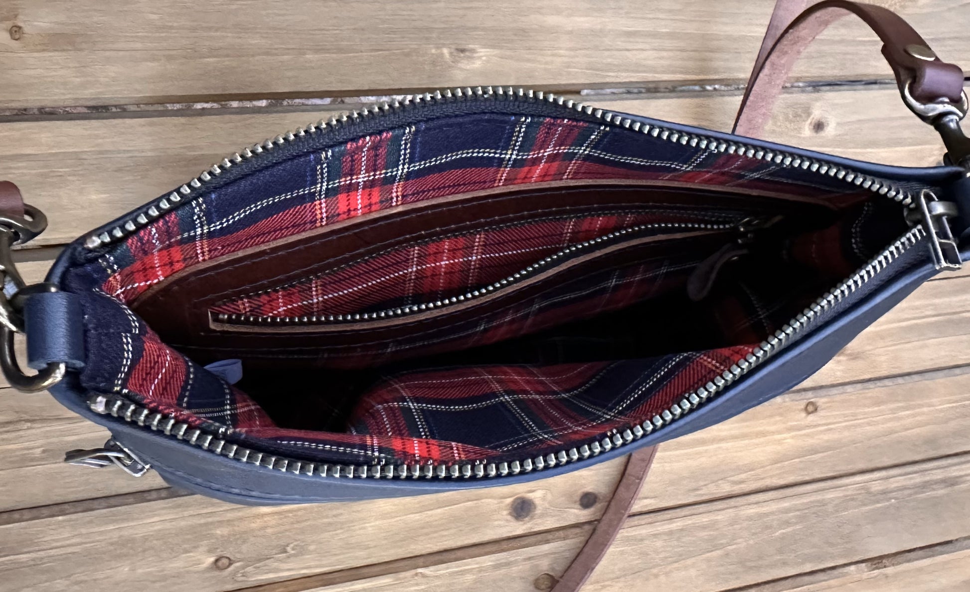 Navy Leather Fairhaven Crossbody with Antique Brass Hardware and Dark Brown Italian Venchetta Leather Strap SquiresCanvasCreations.com