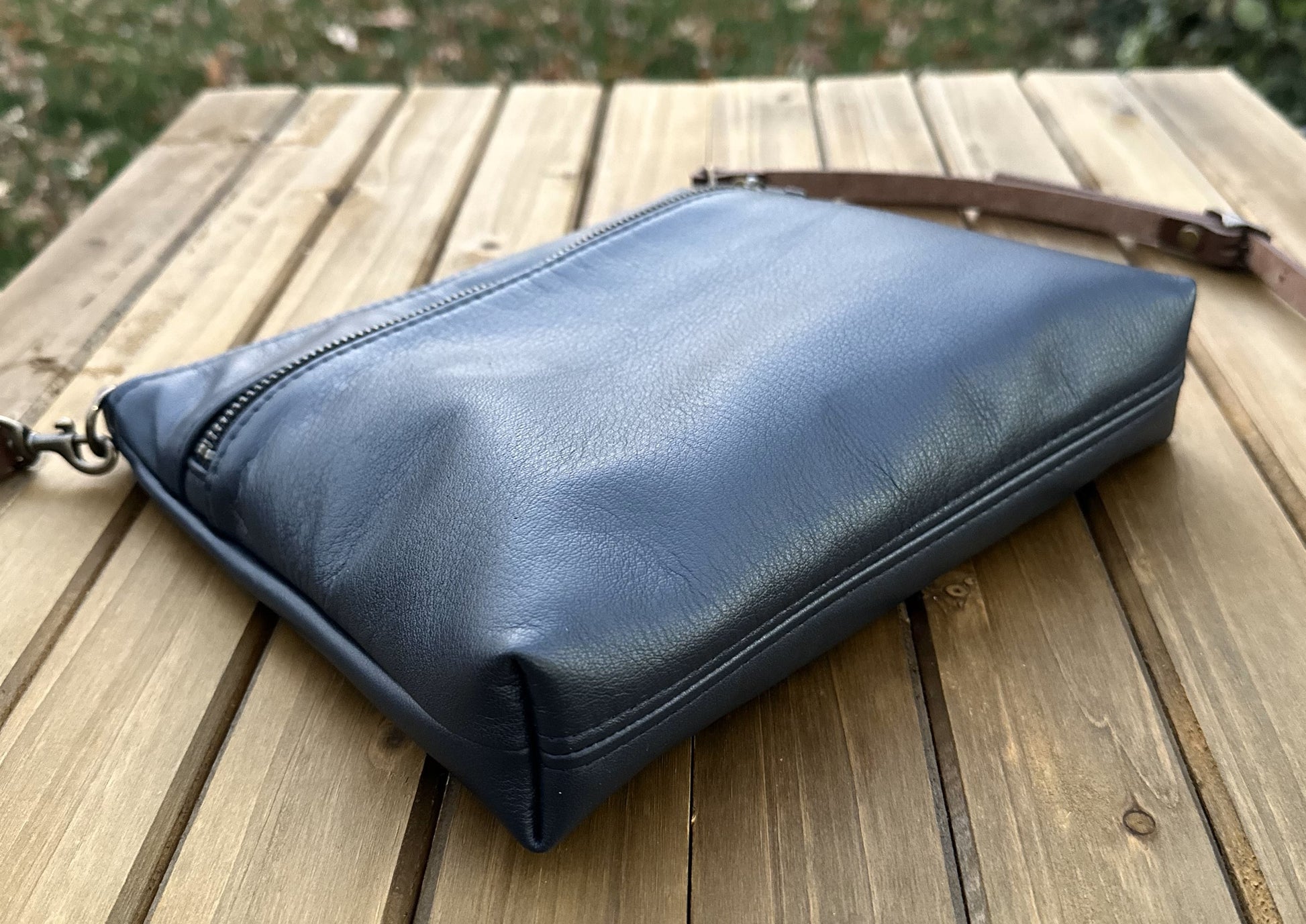 Navy Leather Fairhaven Crossbody with Antique Brass Hardware and Dark Brown Italian Venchetta Leather Strap SquiresCanvasCreations.com