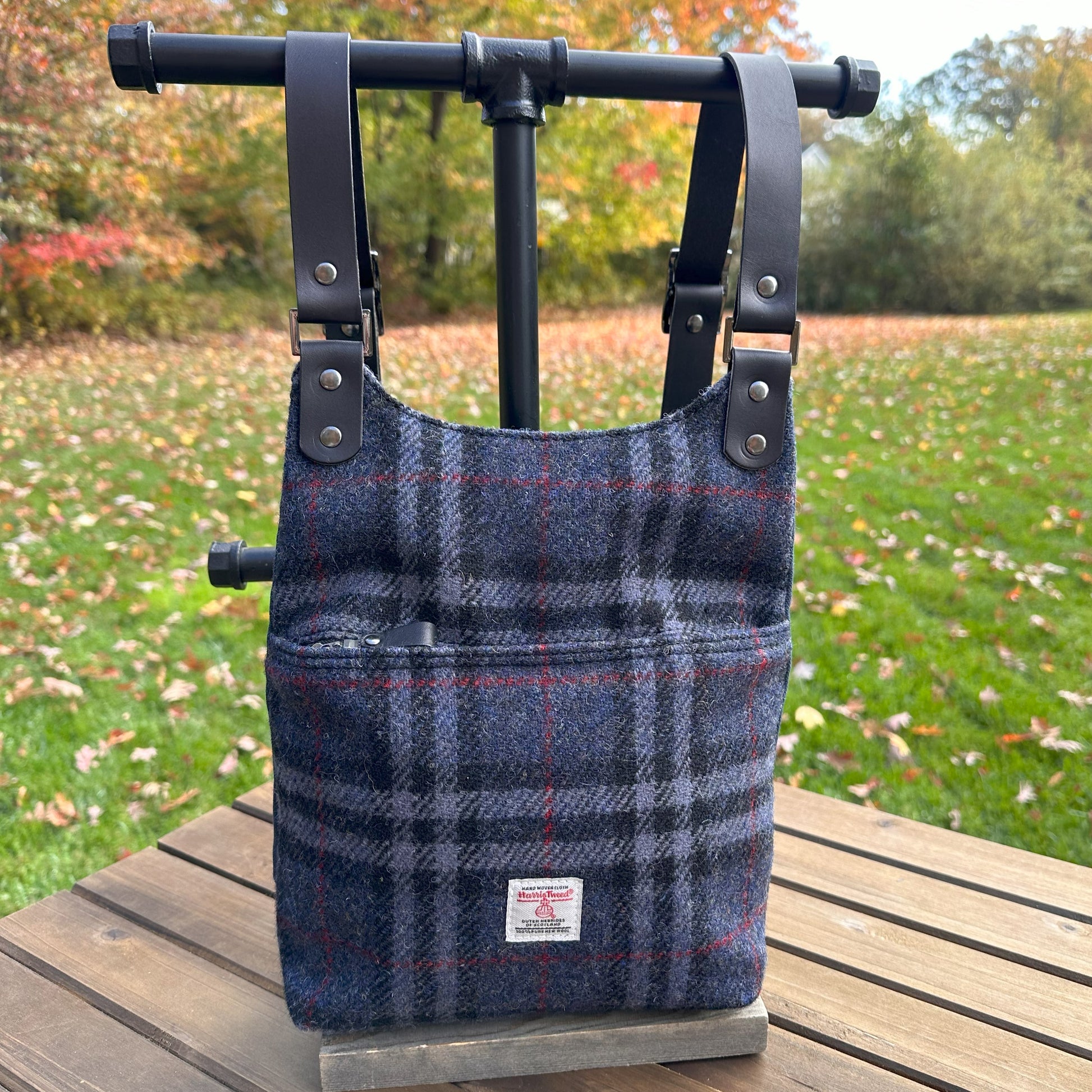 Blue Black and Grey Tartan with Red Overcheck Harris Tweed® and Dark Navy Waxed Canvas back with Solid Brass Hardware Harris Tweed® Eastport Backpack squirescanvascreations.com