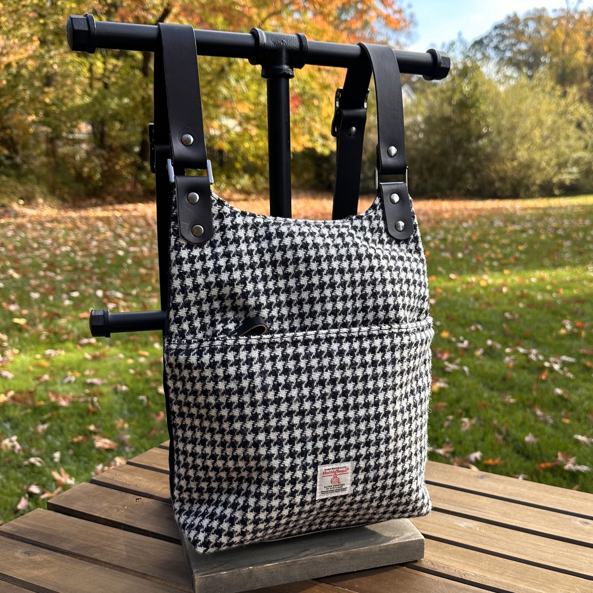 Black and White Houndstooth Harris Tweed® and Black Waxed Canvas back with Solid Brass Hardware Harris Tweed® Eastport Backpack squirescanvascreations.com