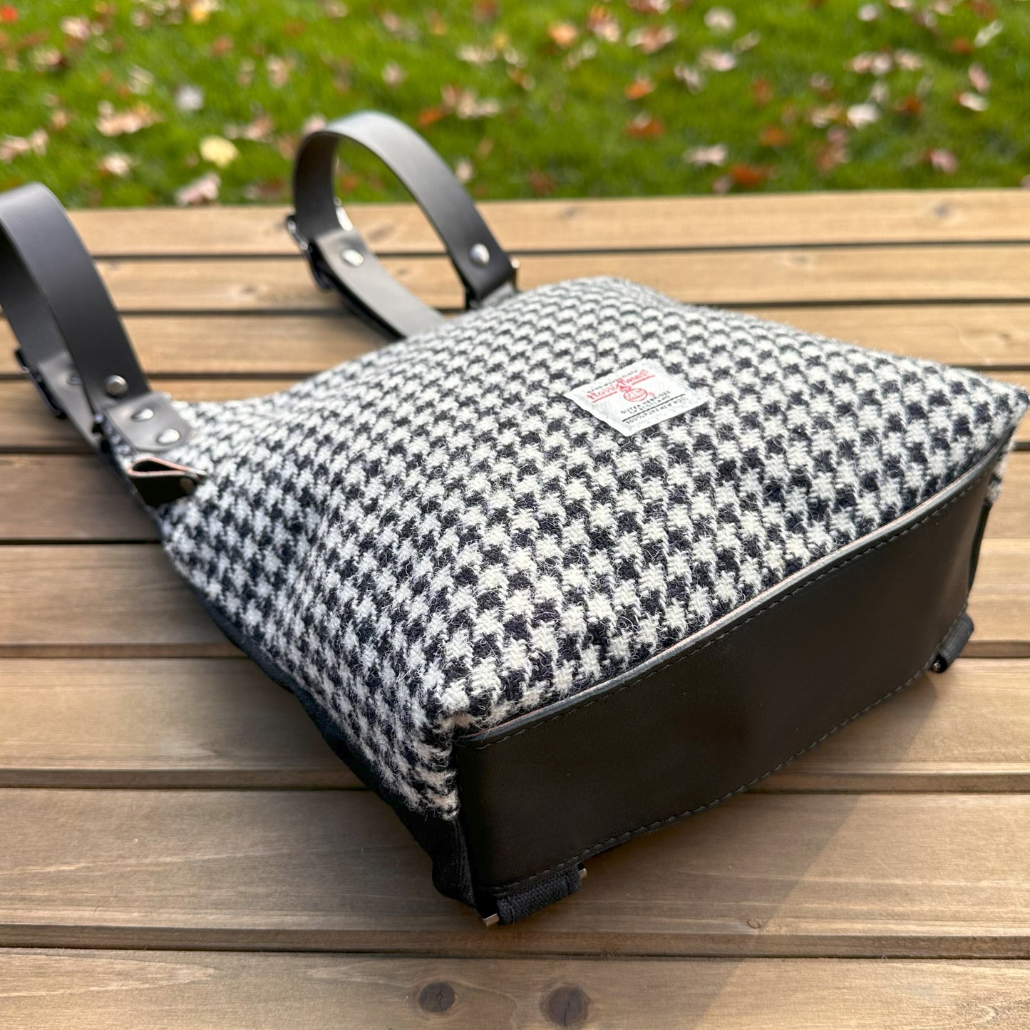 Black and White Houndstooth Harris Tweed® and Black Waxed Canvas back with Solid Brass Hardware Harris Tweed® Eastport Backpack squirescanvascreations.com