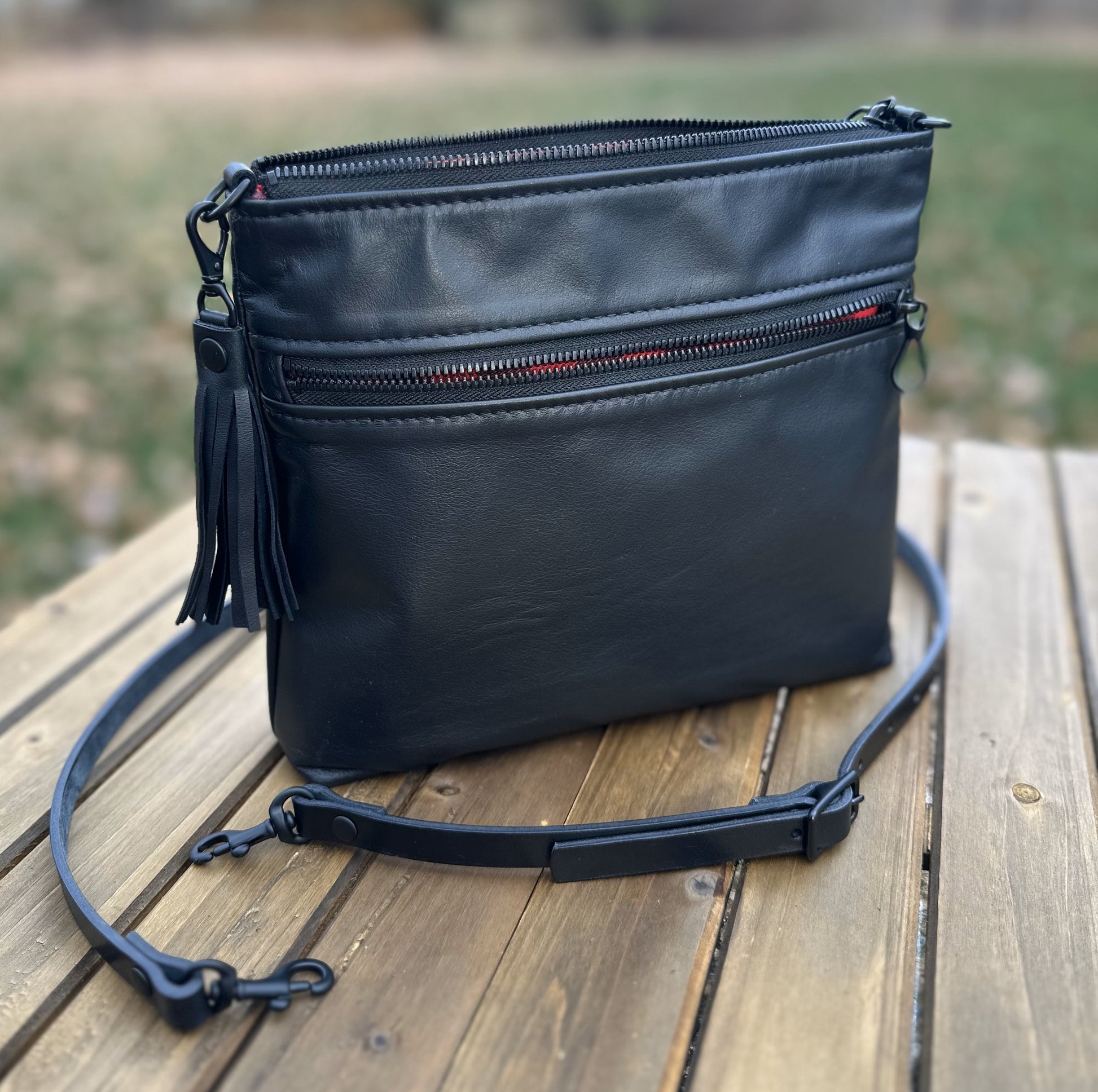 Black Leather Fairhaven Crossbody with Matt Black Hardware and Black Italian Venchetta Leather Strap SquiresCanvasCreations.com