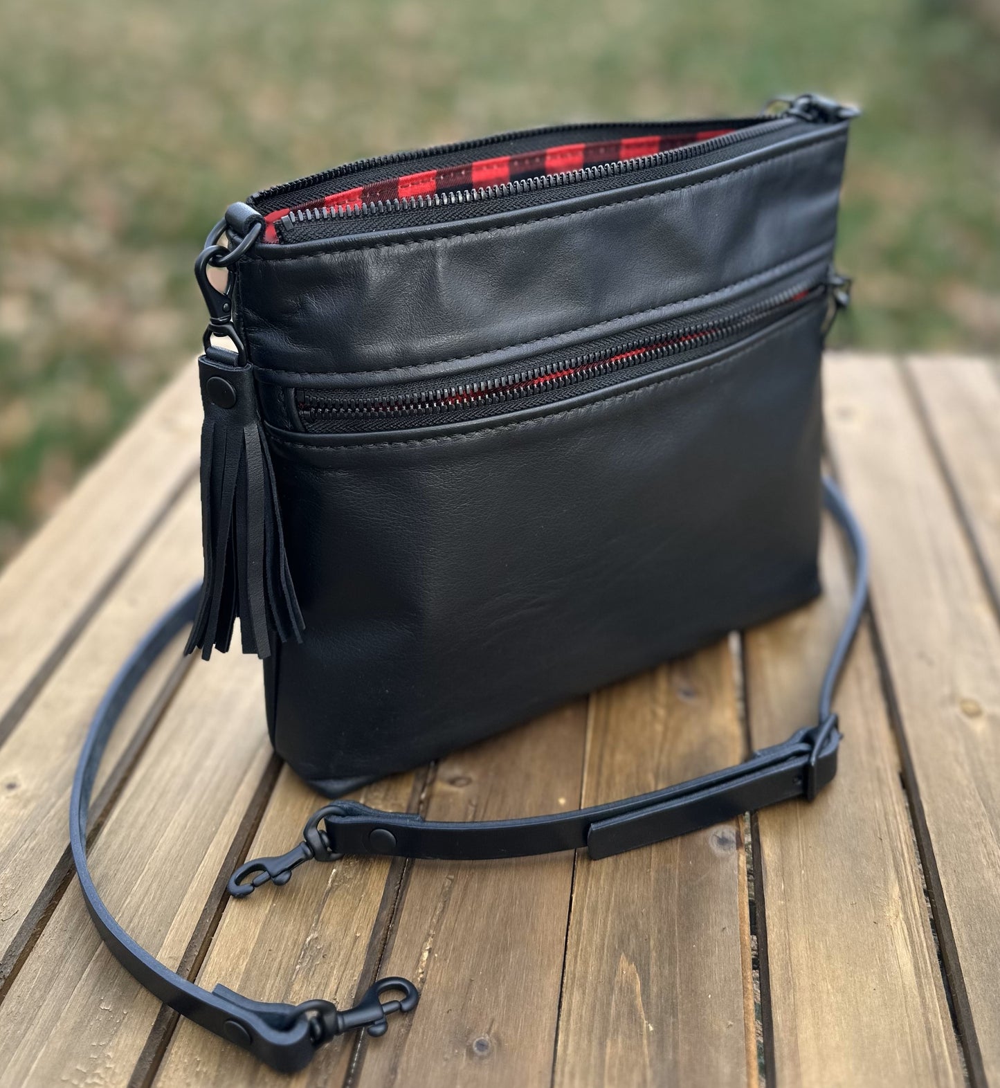 Black Leather Fairhaven Crossbody with Matt Black Hardware and Black Italian Venchetta Leather Strap SquiresCanvasCreations.com