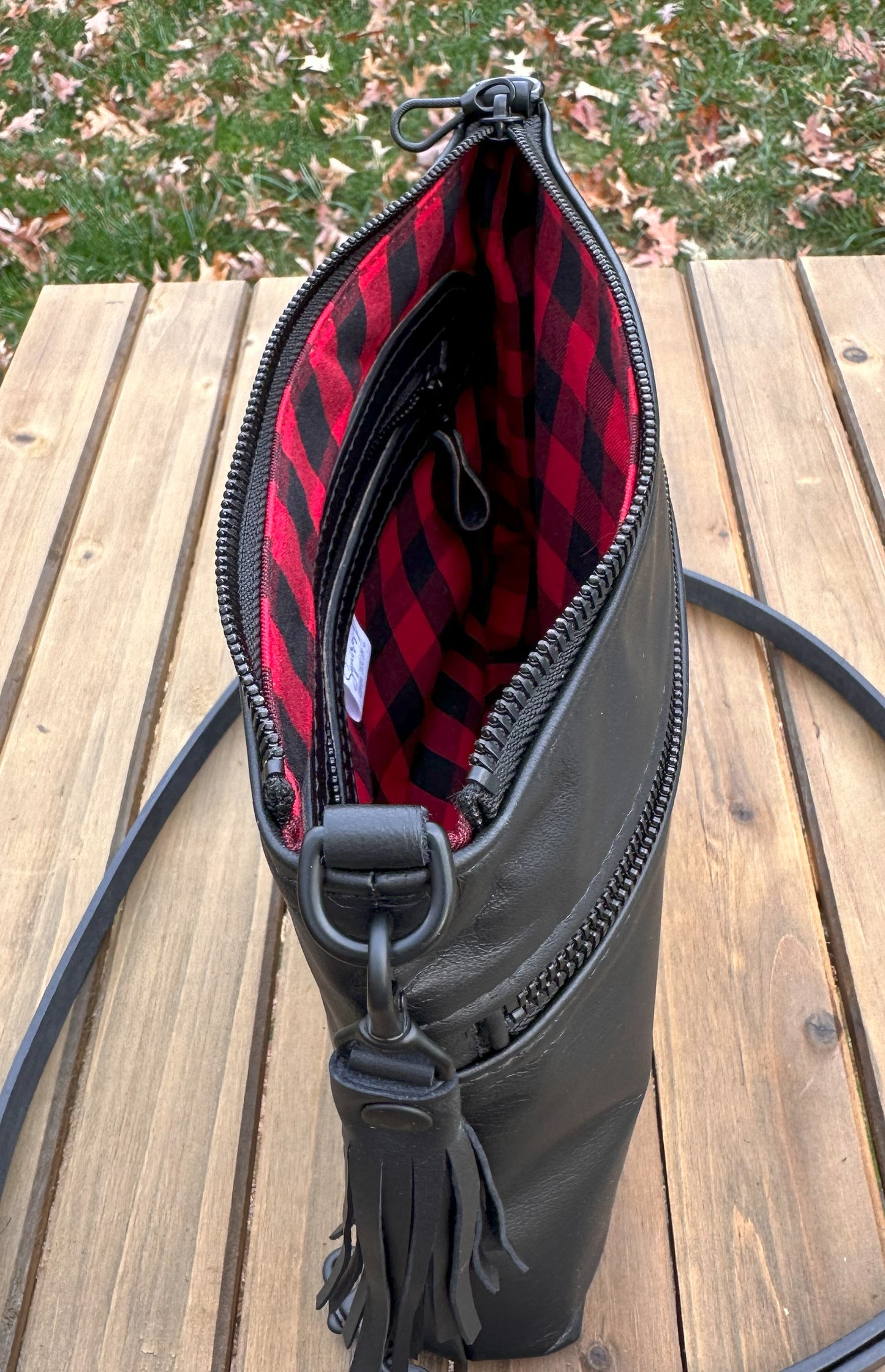 Black Leather Fairhaven Crossbody with Matt Black Hardware and Black Italian Venchetta Leather Strap SquiresCanvasCreations.com