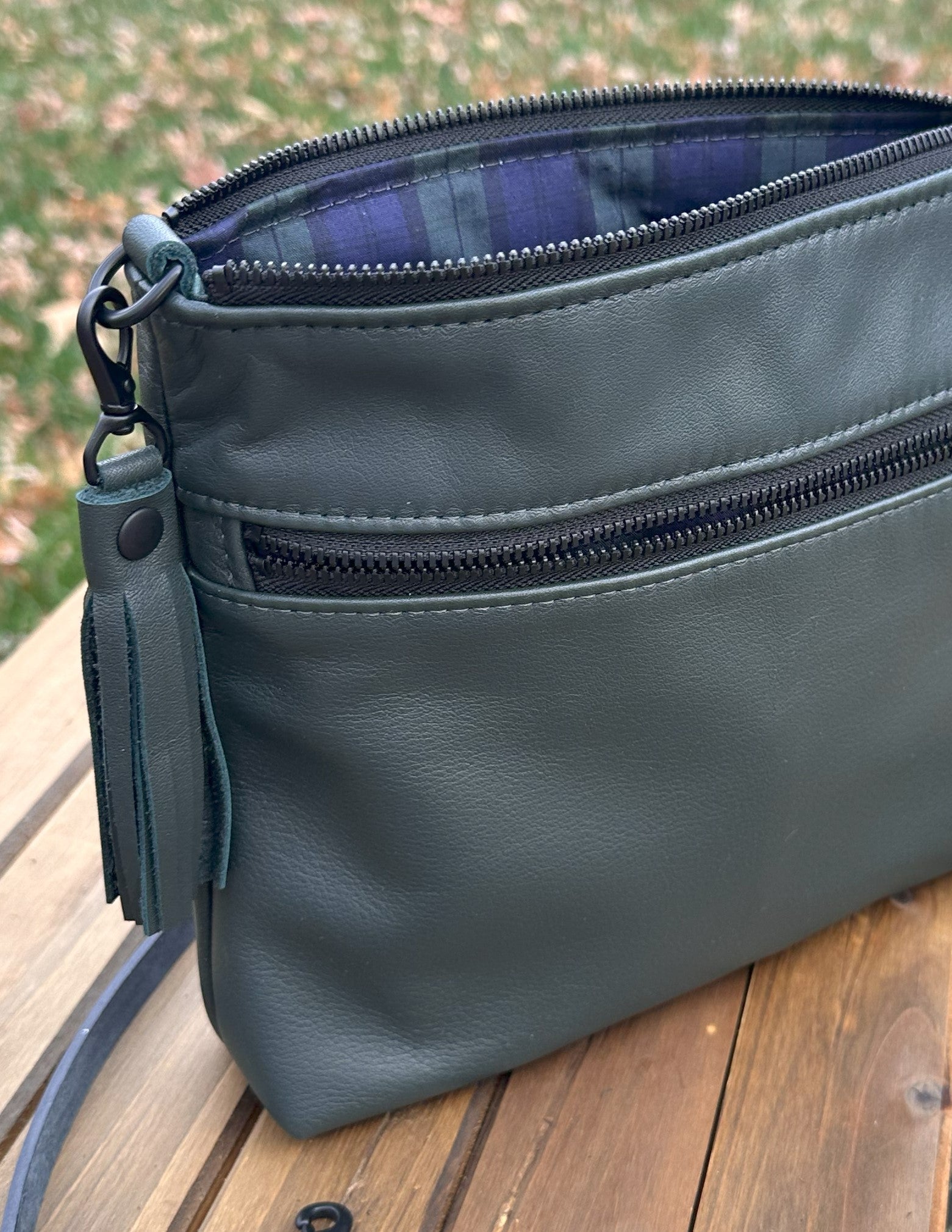 Forest Green Leather Fairhaven Crossbody with Matt Black Hardware and Black Italian Venchetta Leather Strap SquiresCanvasCreations.com