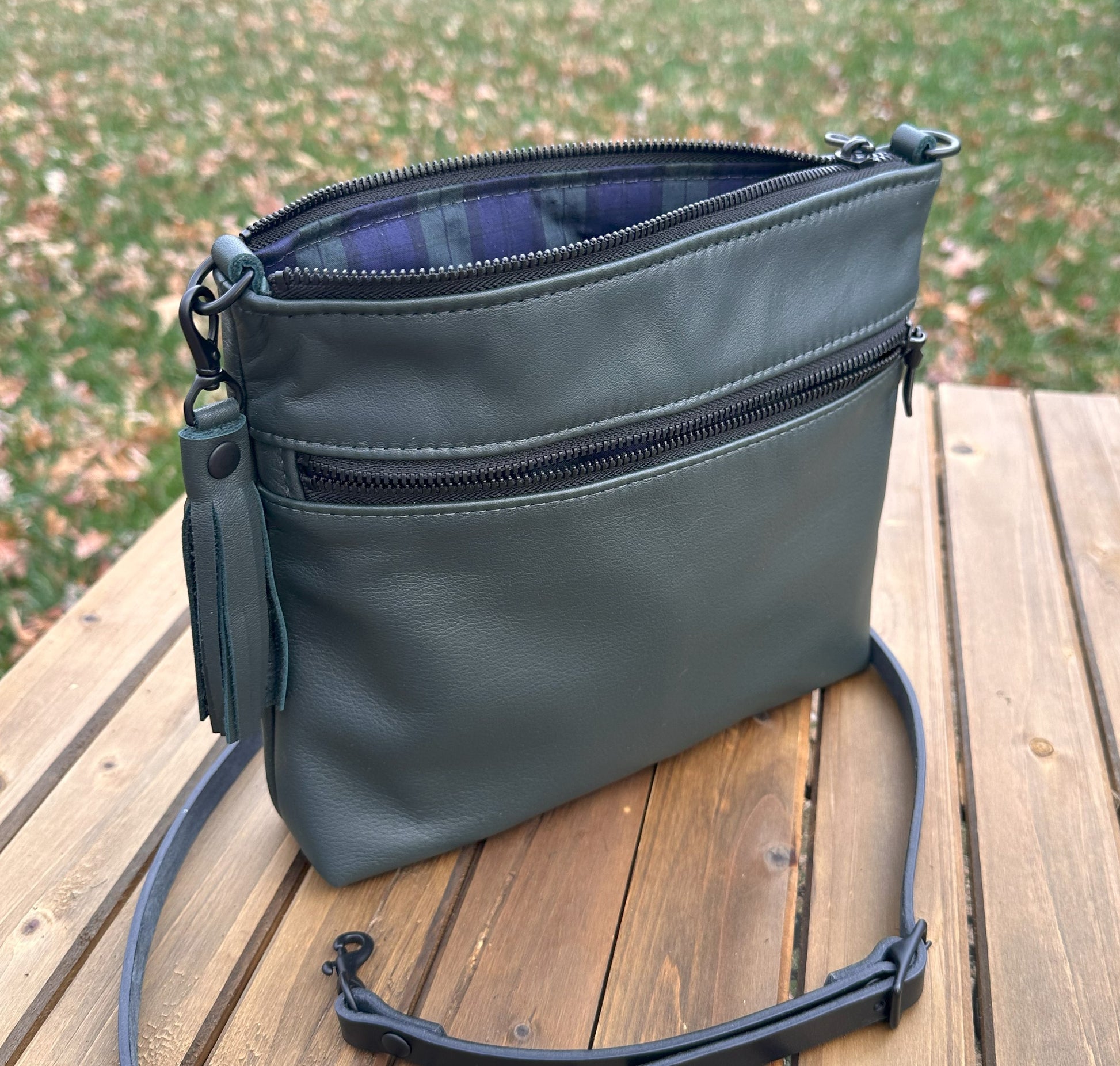 Forest Green Leather Fairhaven Crossbody with Matt Black Hardware and Black Italian Venchetta Leather Strap SquiresCanvasCreations.com