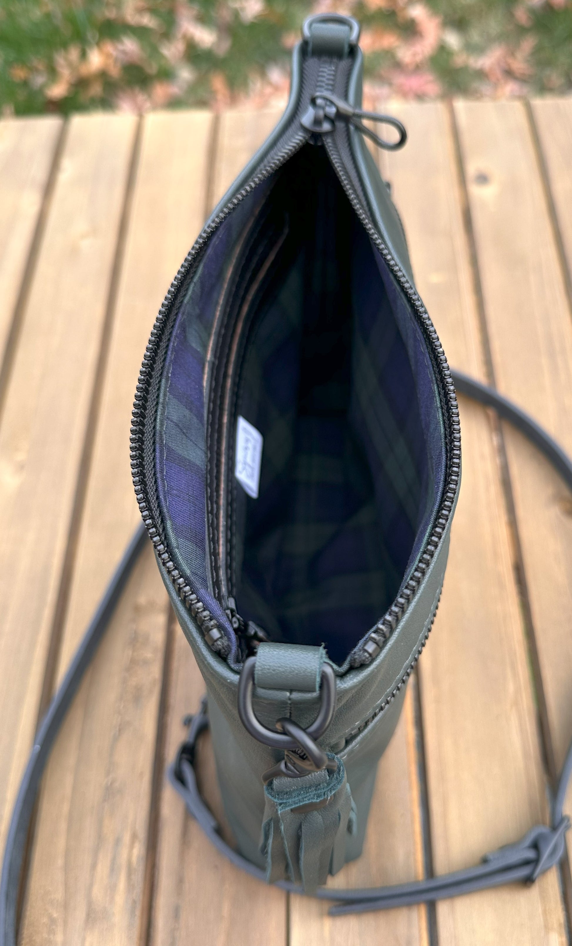 Forest Green Leather Fairhaven Crossbody with Matt Black Hardware and Black Italian Venchetta Leather Strap SquiresCanvasCreations.com
