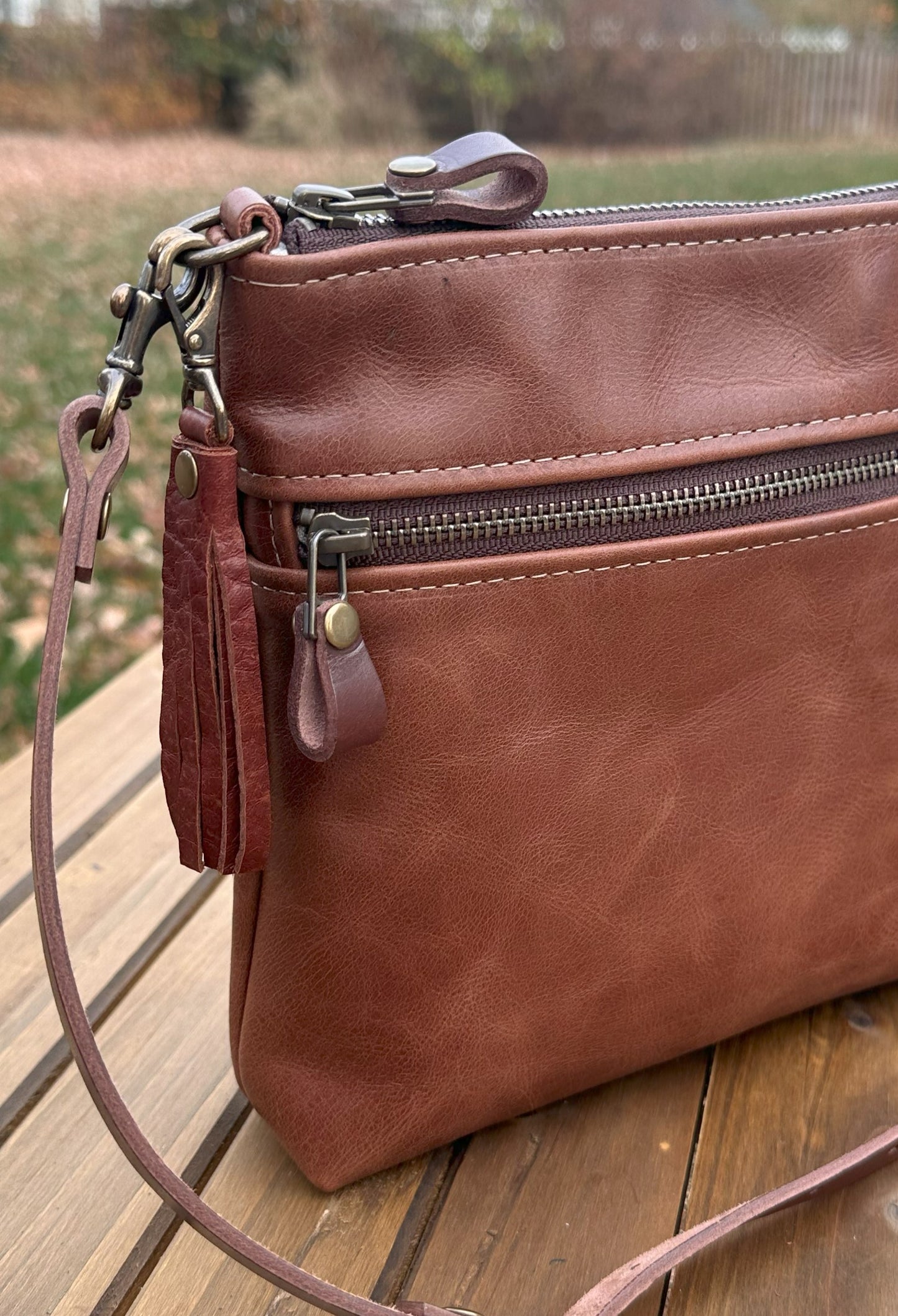 Brandy Leather Fairhaven Crossbody with Antique Brass Hardware and Dark Brown Italian Venchetta Leather Strap SquiresCanvasCreations.com