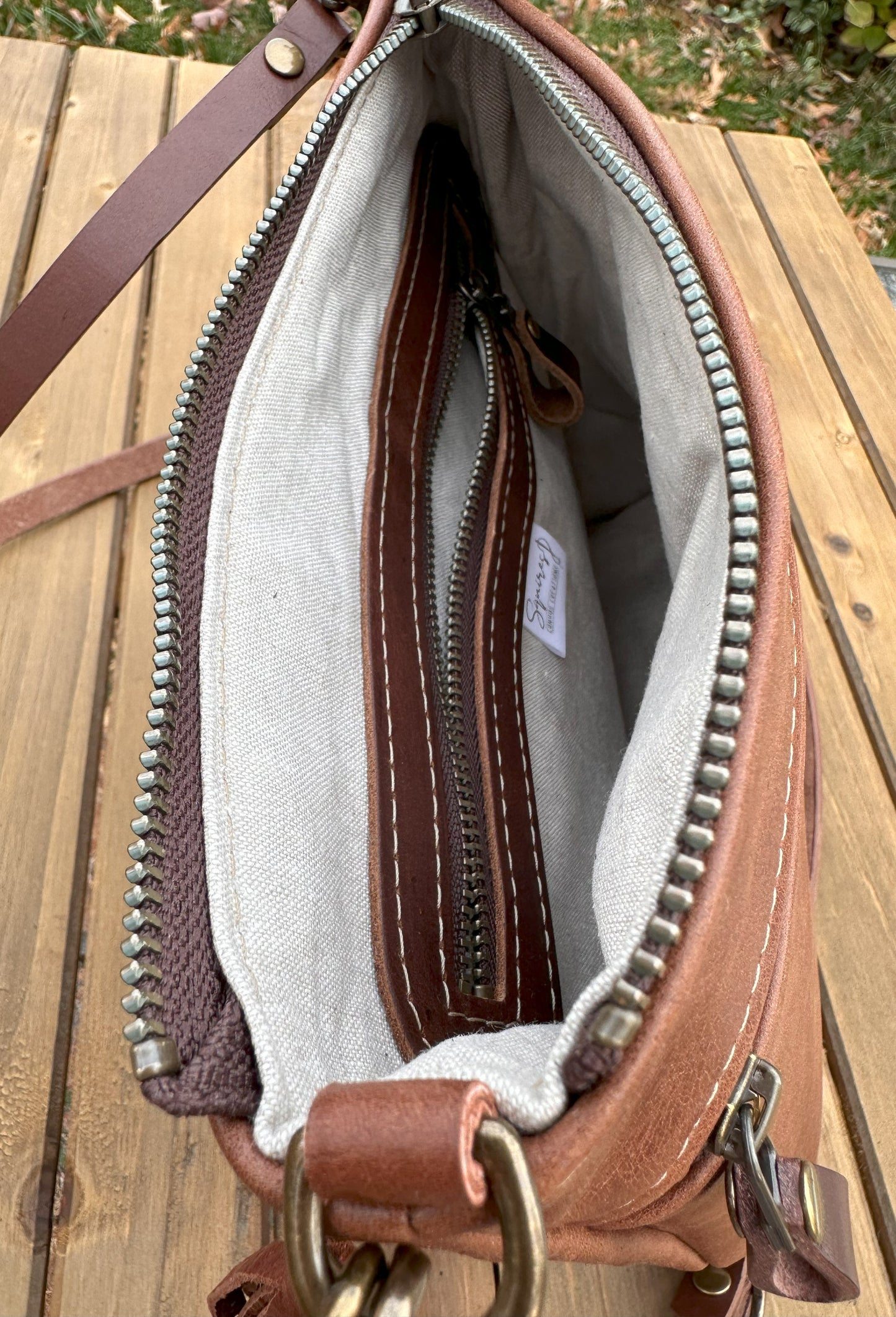 Brandy Leather Fairhaven Crossbody with Antique Brass Hardware and Dark Brown Italian Venchetta Leather Strap SquiresCanvasCreations.com