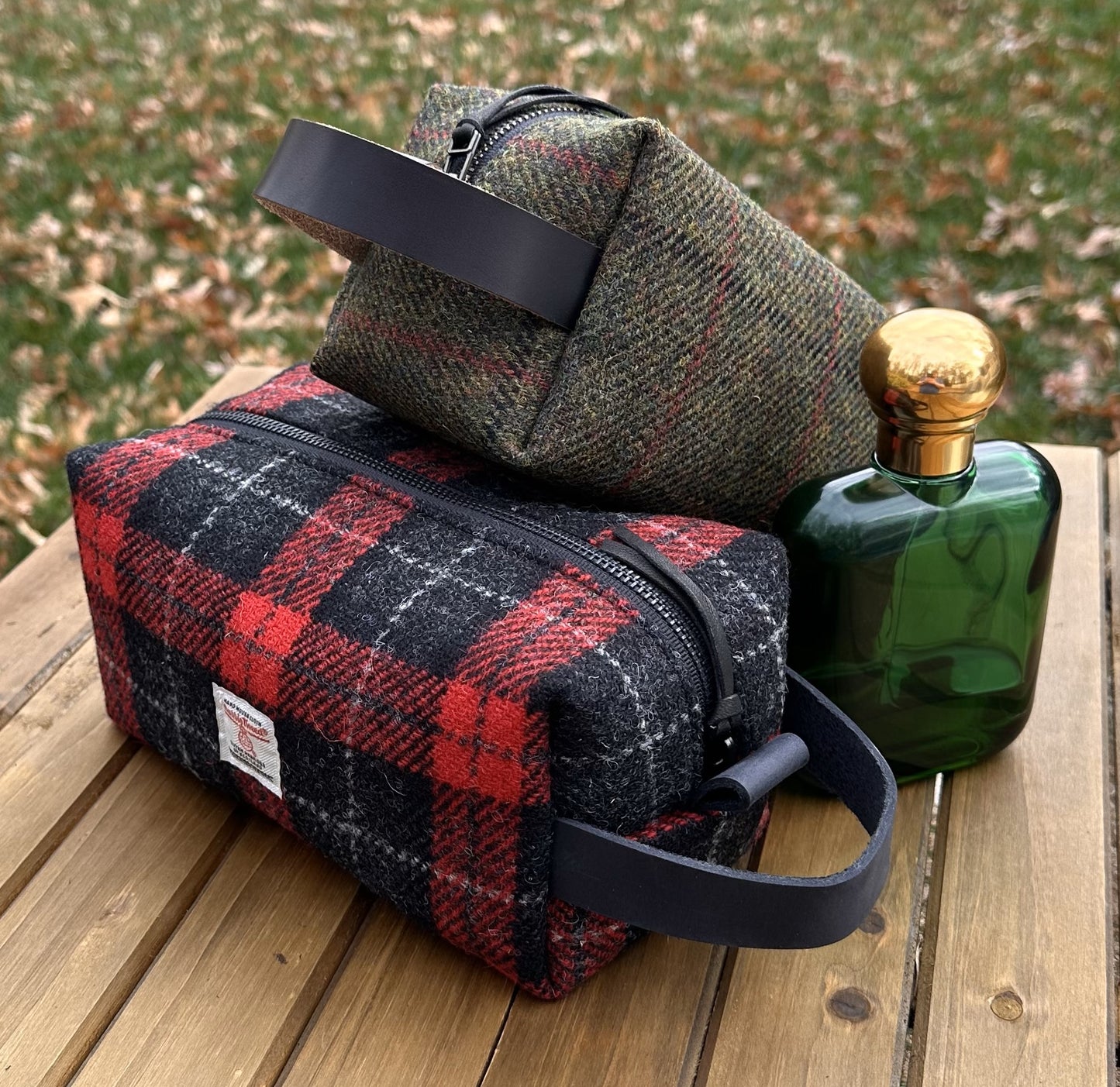 Harris Tweed® Chesapeake Dopp Kit with Leather Handle and Antique Brass Hardware SquiresCanvasCreations.com