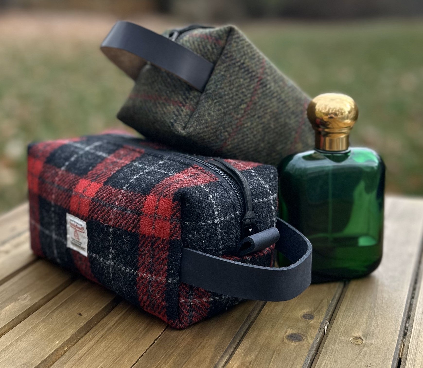 Harris Tweed® Chesapeake Dopp Kit with Leather Handle and Antique Brass Hardware SquiresCanvasCreations.com