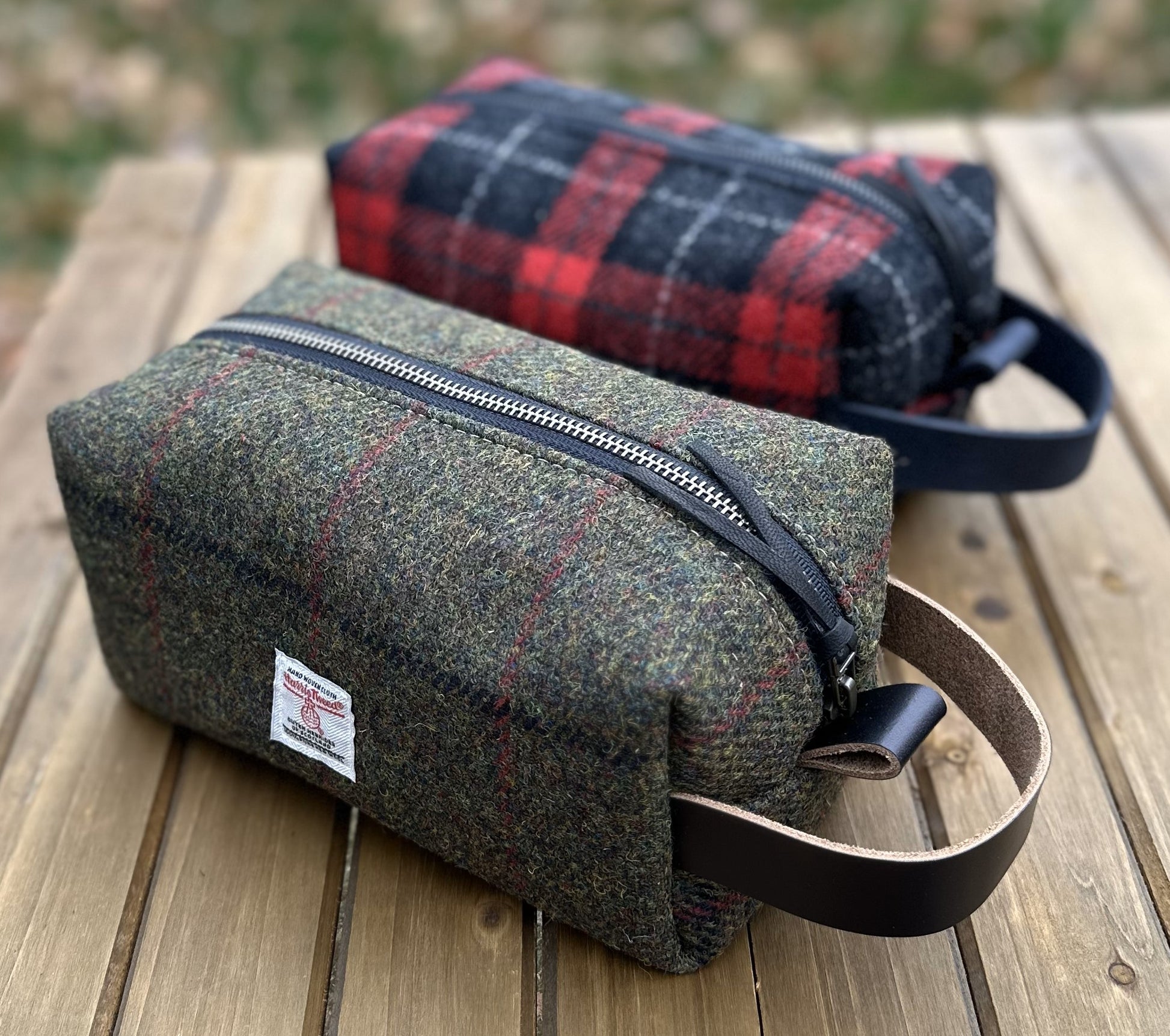 Green Twill with Black and Red Overchecks Harris Tweed® Chesapeake Dopp Kit with South Street Leather Handle and Antique Brass Hardware SquiresCanvasCreations.com
