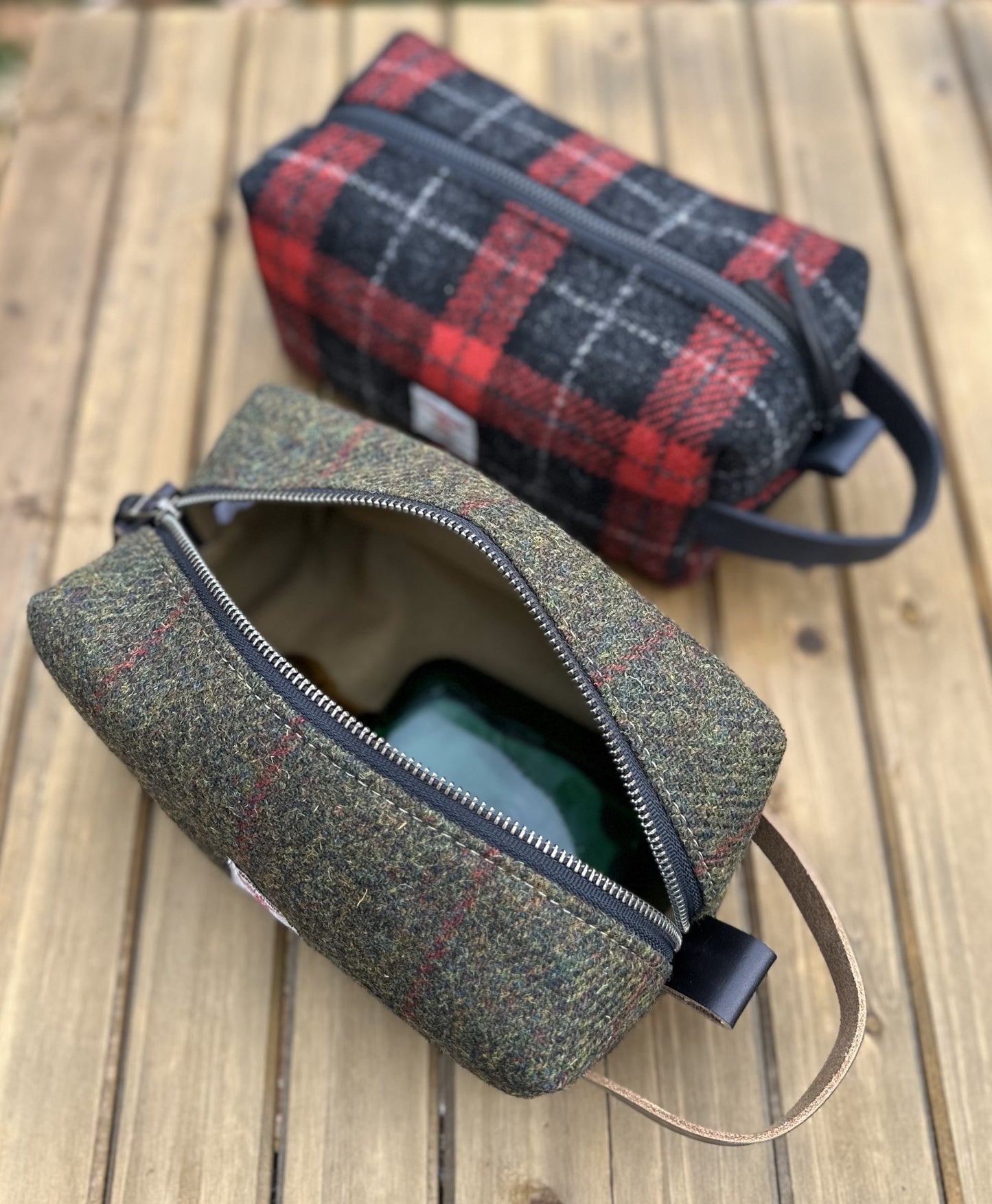 Green Twill with Black and Red Overchecks Harris Tweed® Chesapeake Dopp Kit with South Street Leather Handle and Antique Brass Hardware SquiresCanvasCreations.com