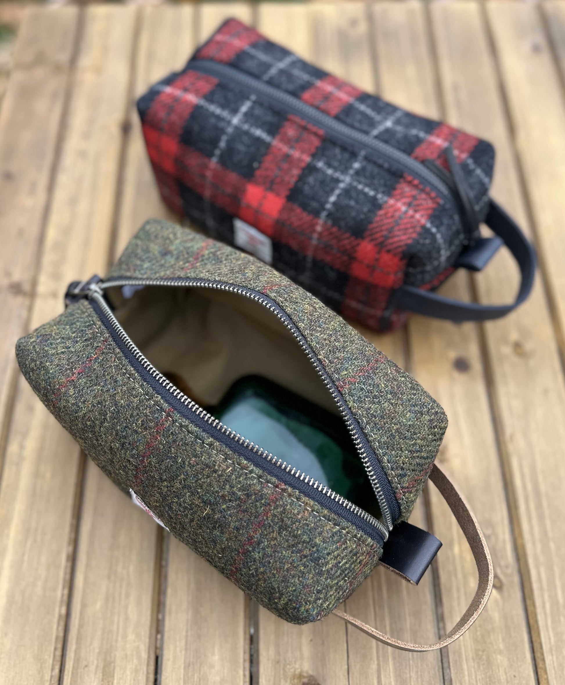 Green Twill with Black and Red Overchecks Harris Tweed® Chesapeake Dopp Kit with South Street Leather Handle and Antique Brass Hardware SquiresCanvasCreations.com