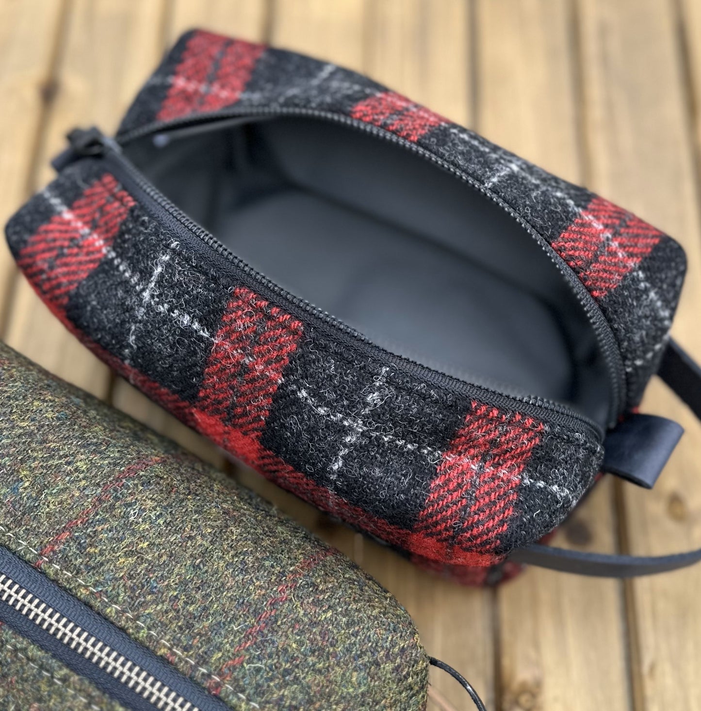 Red & Black Tartan Harris Tweed® Chesapeake Dopp Kit with Crazy Horse Black Leather Handle and YKK Black Hardware SquiresCanvasCreations.com