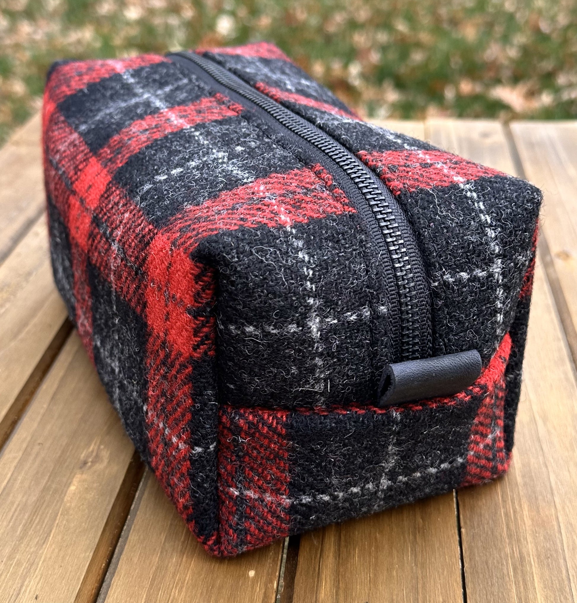 Red & Black Tartan Harris Tweed® Chesapeake Dopp Kit with Crazy Horse Black Leather Handle and YKK Black Hardware SquiresCanvasCreations.com