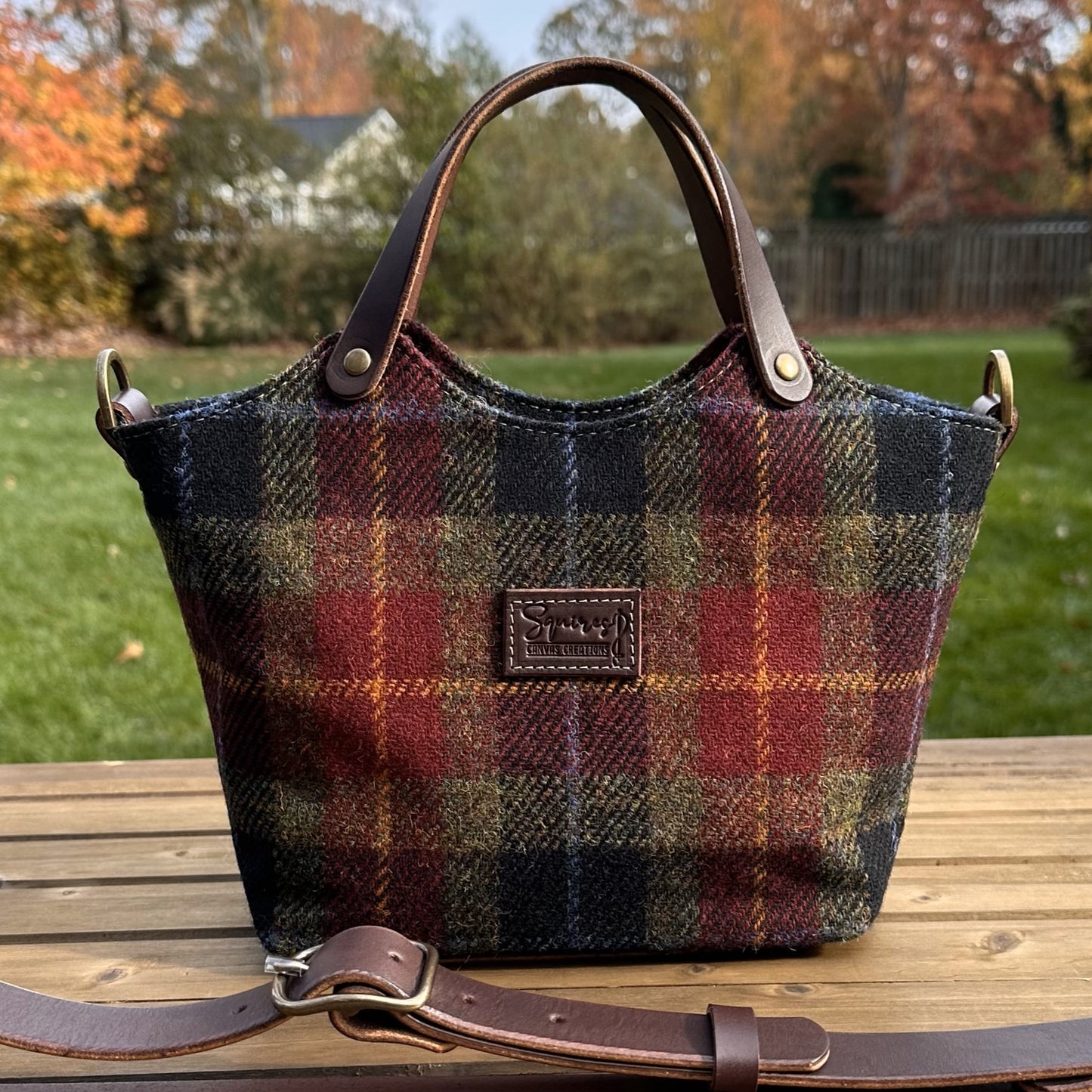Black Red Green Plaid Harris Tweed® with Dark Brown Veg Tan Leather and Antique Brass Hardware Mazie Handbag squirescanvascreatons.com