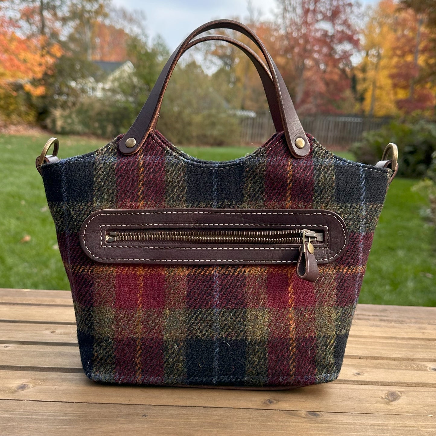 Black Red Green Plaid Harris Tweed® with Dark Brown Veg Tan Leather and Antique Brass Hardware Mazie Handbag squirescanvascreatons.com
