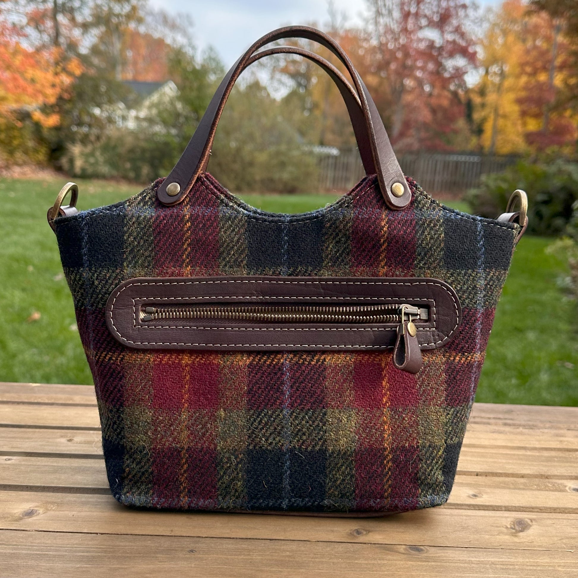 Black Red Green Plaid Harris Tweed® with Dark Brown Veg Tan Leather and Antique Brass Hardware Mazie Handbag squirescanvascreatons.com