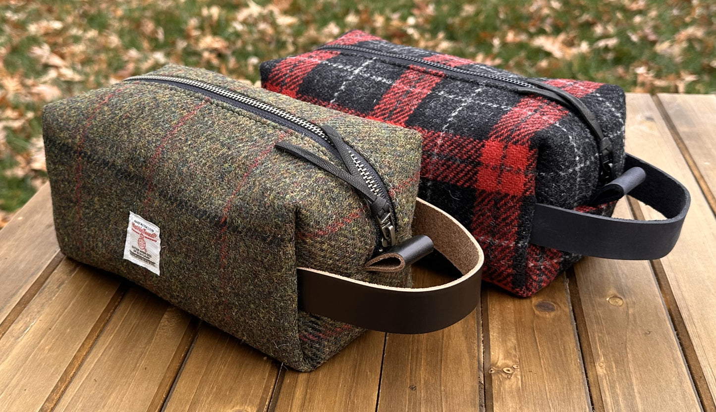 Harris Tweed® Chesapeake Dopp Kit with Leather Handle and Antique Brass Hardware SquiresCanvasCreations.com