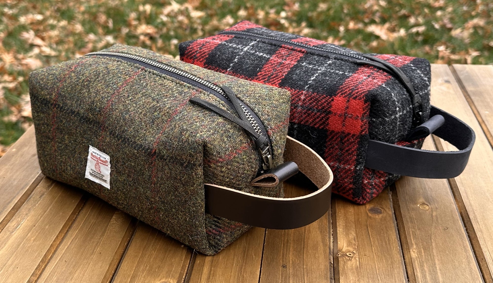 Harris Tweed® Chesapeake Dopp Kit with Leather Handle and Antique Brass Hardware SquiresCanvasCreations.com