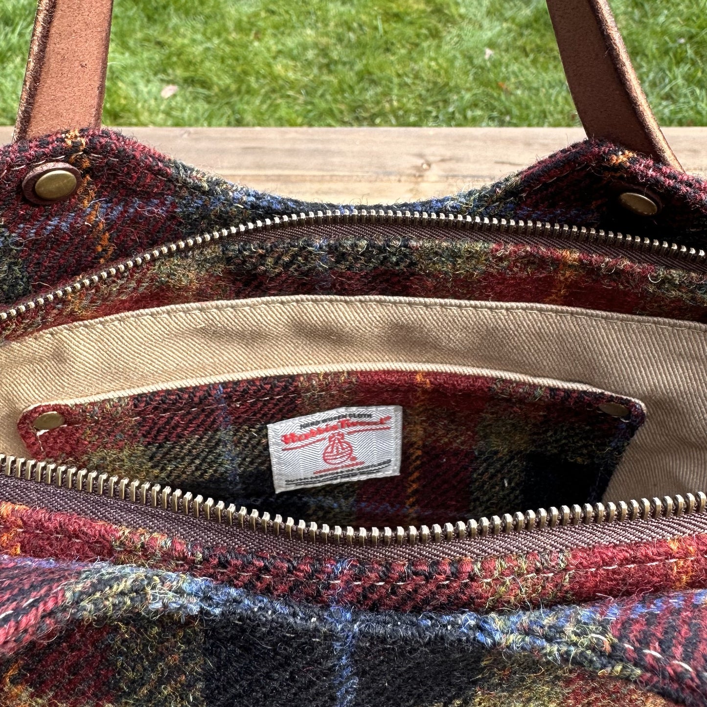 Black Red Green Plaid Harris Tweed® with Dark Brown Veg Tan Leather and Antique Brass Hardware Mazie Handbag squirescanvascreatons.com