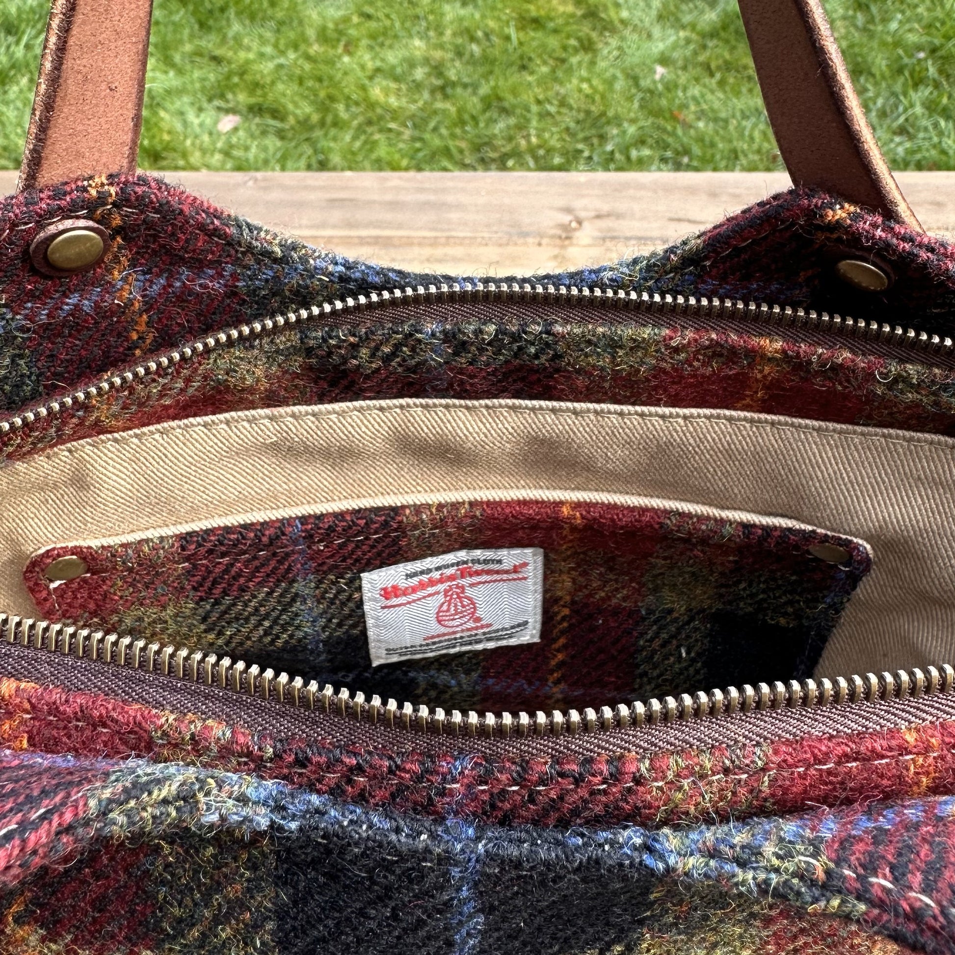 Black Red Green Plaid Harris Tweed® with Dark Brown Veg Tan Leather and Antique Brass Hardware Mazie Handbag squirescanvascreatons.com