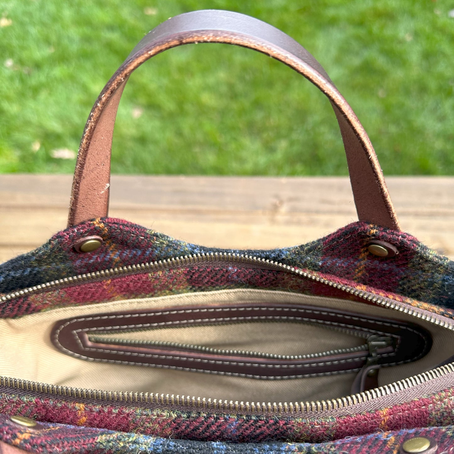 Black Red Green Plaid Harris Tweed® with Dark Brown Veg Tan Leather and Antique Brass Hardware Mazie Handbag squirescanvascreatons.com