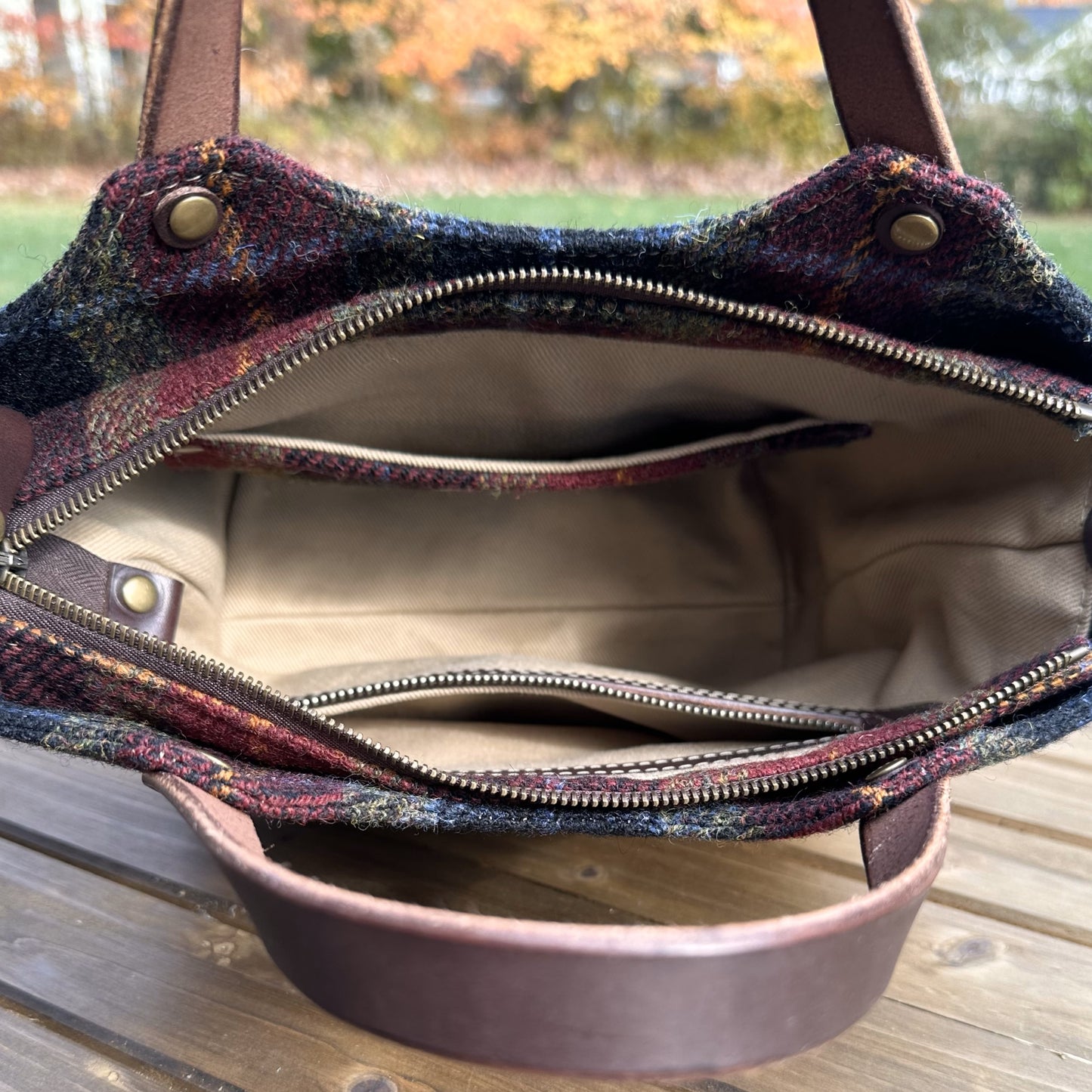Black Red Green Plaid Harris Tweed® with Dark Brown Veg Tan Leather and Antique Brass Hardware Mazie Handbag squirescanvascreatons.com