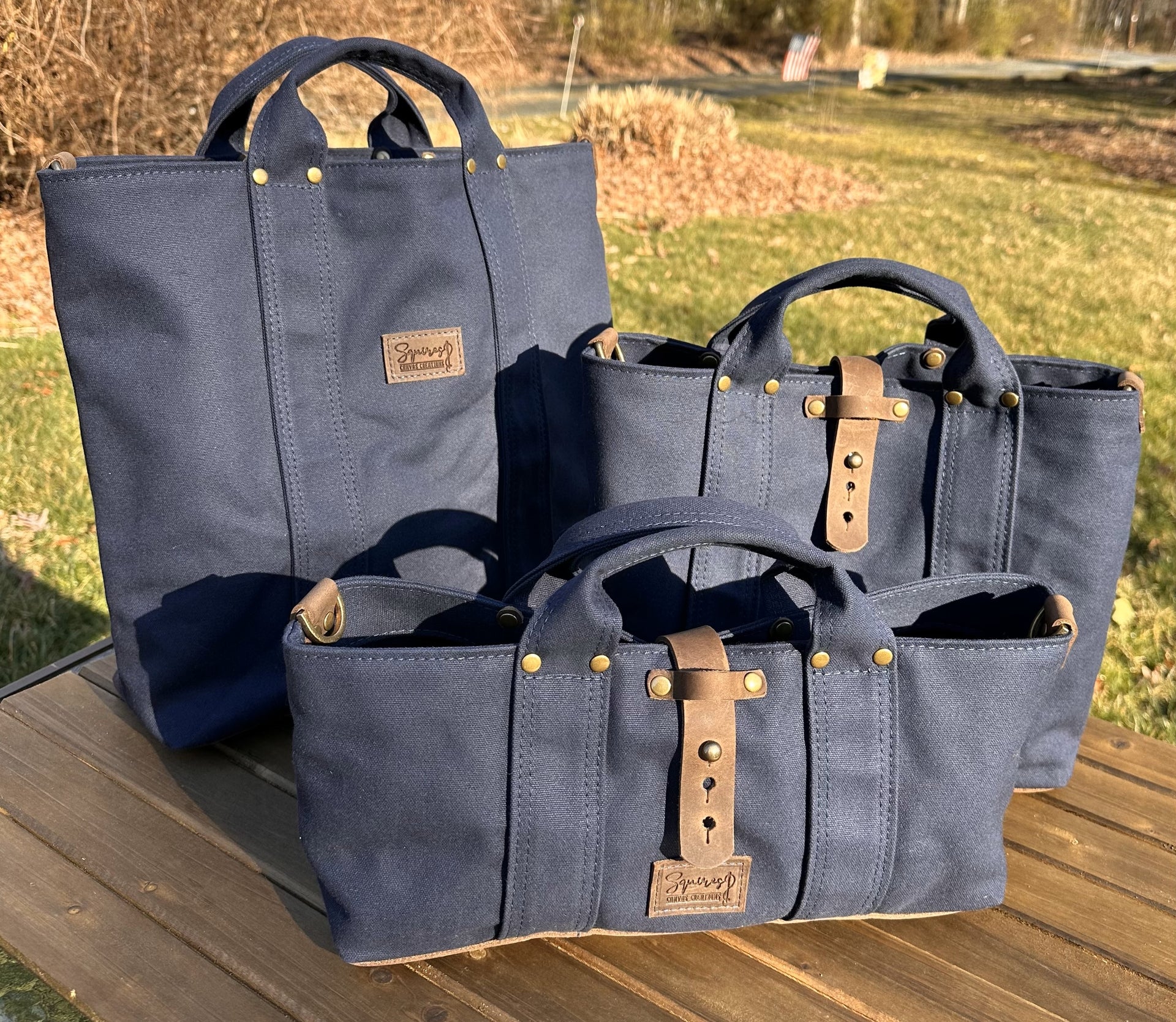Navy Blue Stone Heavy Duty Canvas with Crazy Horse Tan Leather and Antique Brass Hardware Waterman Tote squirescanvascreations.com