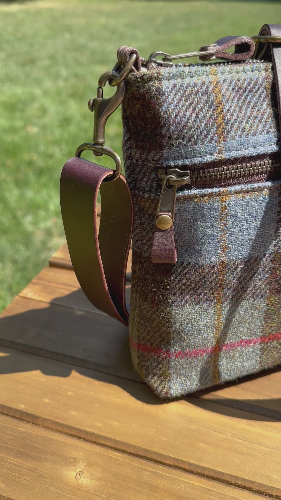 Harris Tweed® Fairhaven Crossbody Macleod Tartan Harris Tweed®  Dark Brown Leather with Antique Brass Hardware SquiresCanvasCreations.com