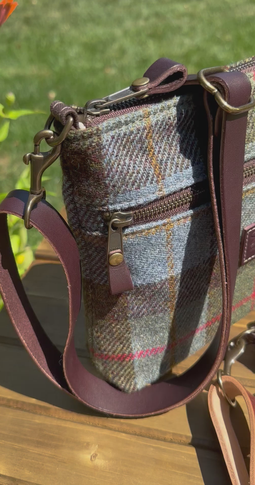 Harris Tweed® Fairhaven Crossbody Macleod Tartan Harris Tweed®  Dark Brown Leather with Antique Brass Hardware SquiresCanvasCreations.com